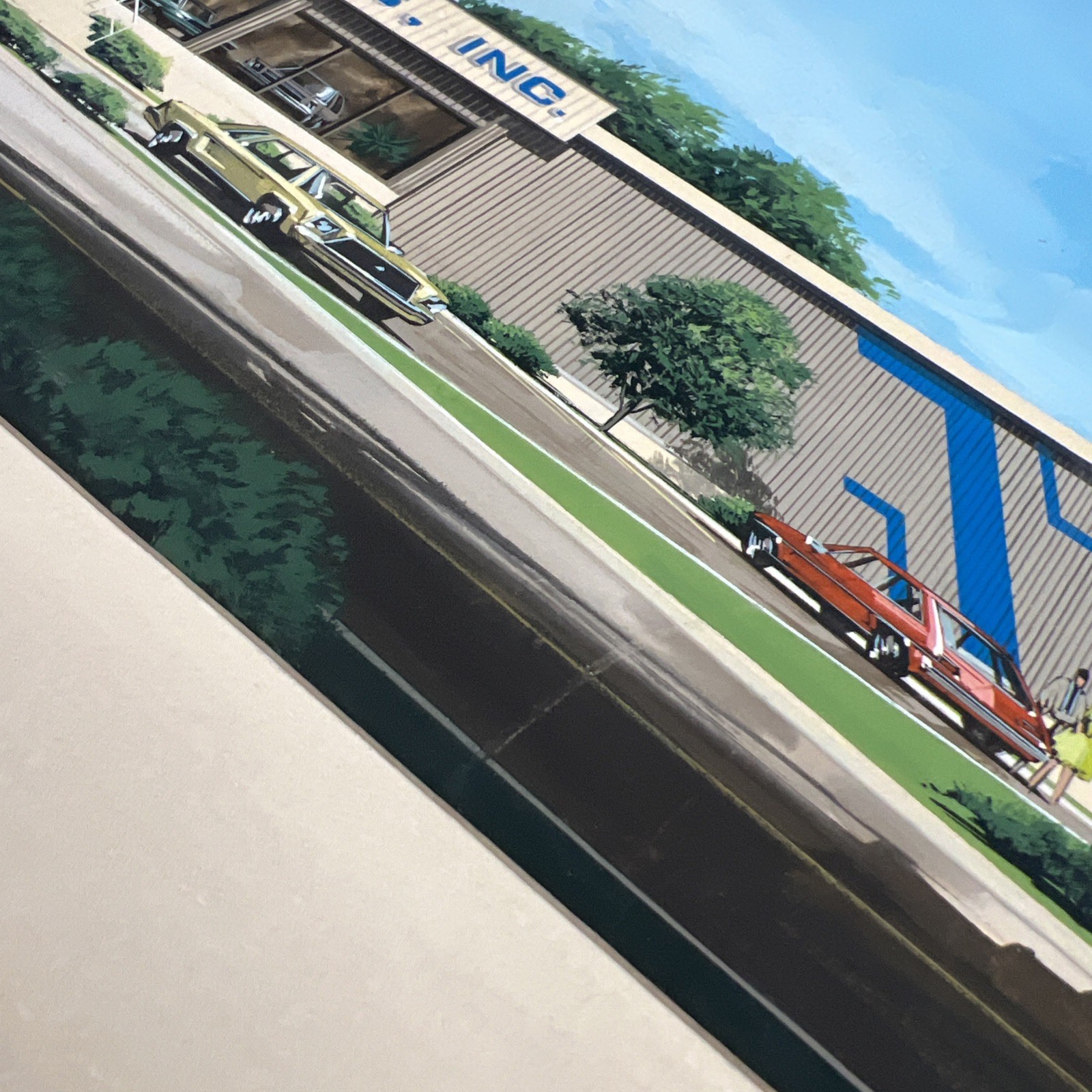 Architectural Rendering, Original Painting, Signed. 1970s, CAR DEALERSHIP