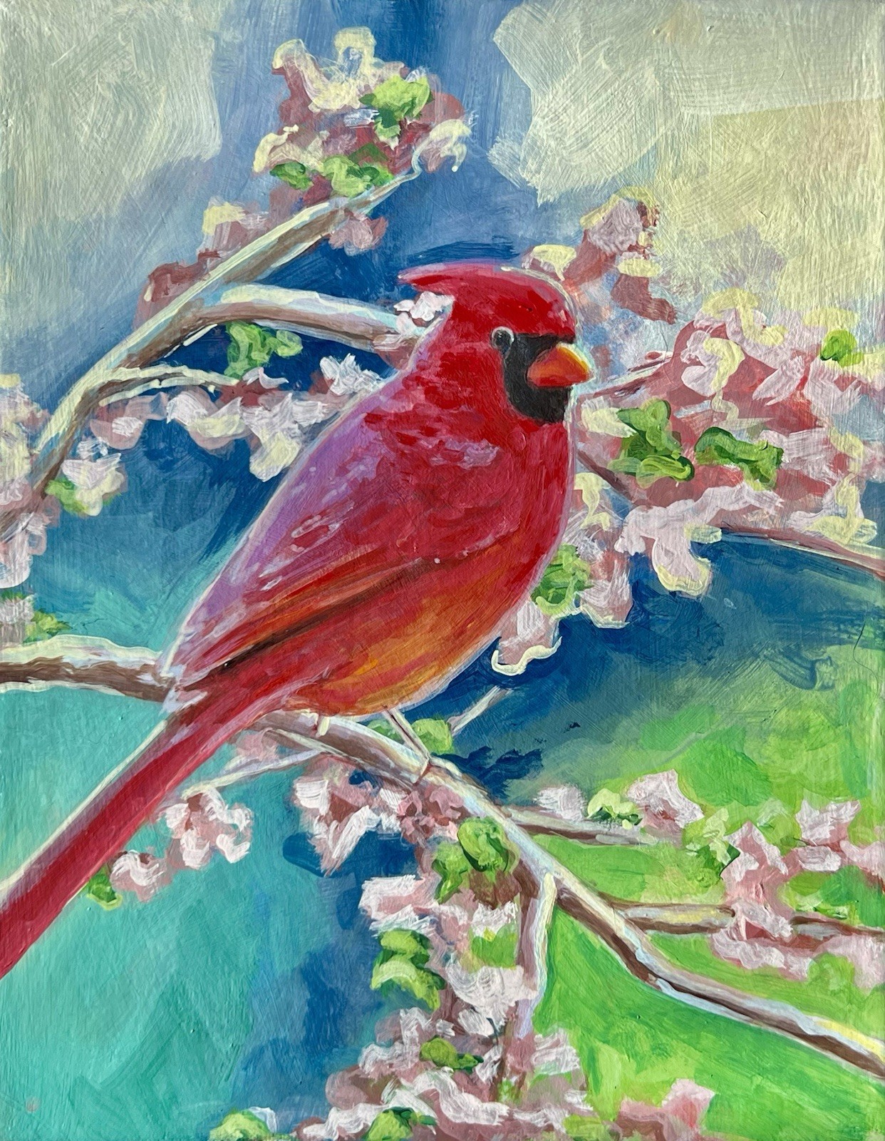 Original 8×10 Red Cardinal Acrylic Painting On Canvas Signed Colorful Decor