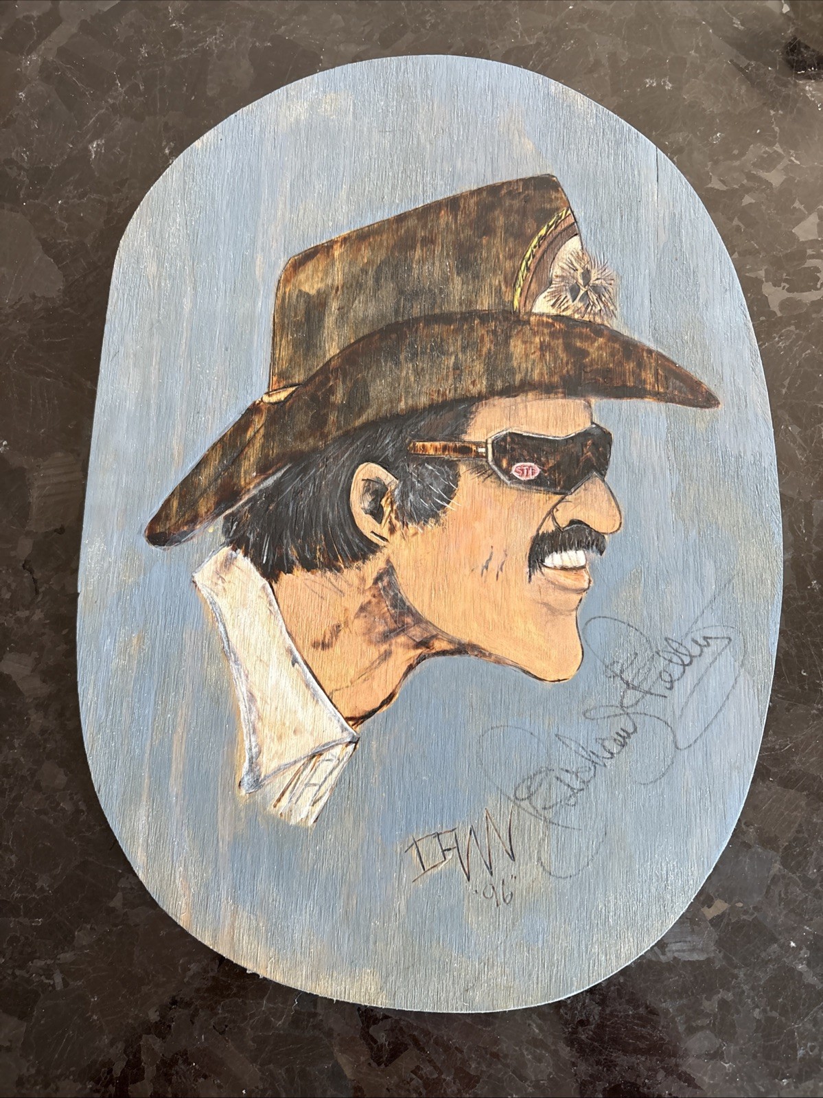 RARE Richard Petty Folk Art Painting Autographed By Richard! 18” X 13”