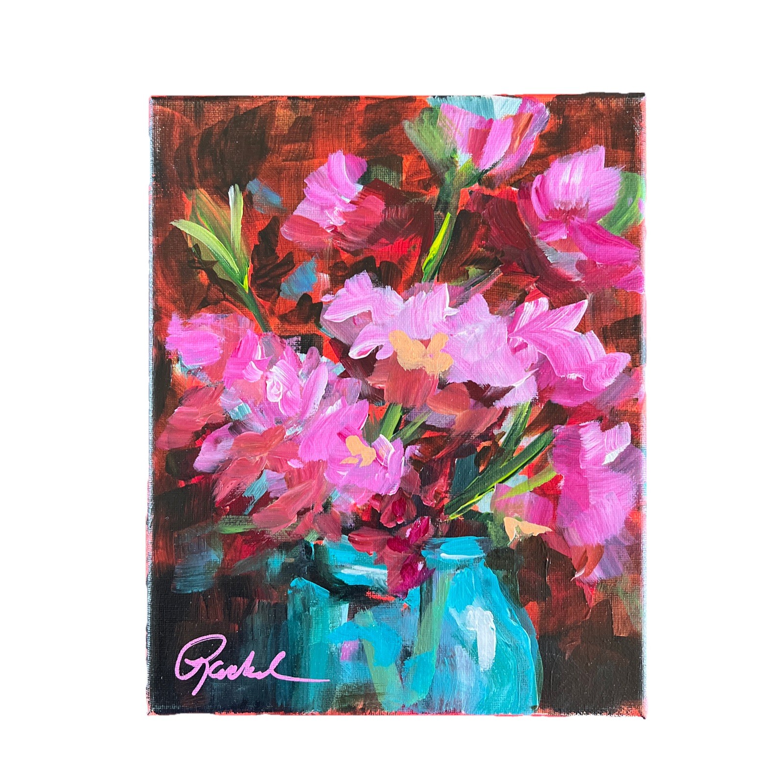8 x 10 Original Loose Pink Flowers Acrylic Painting On Stretched Canvas