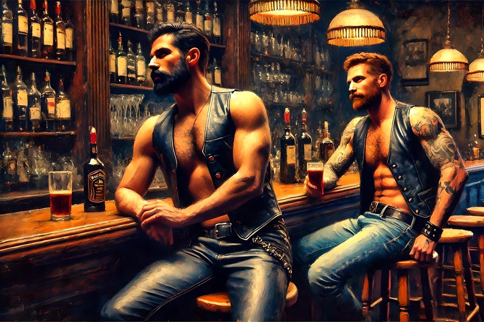 Original gay LGBTQ art giclée painting «Leather Show» signed by the artist