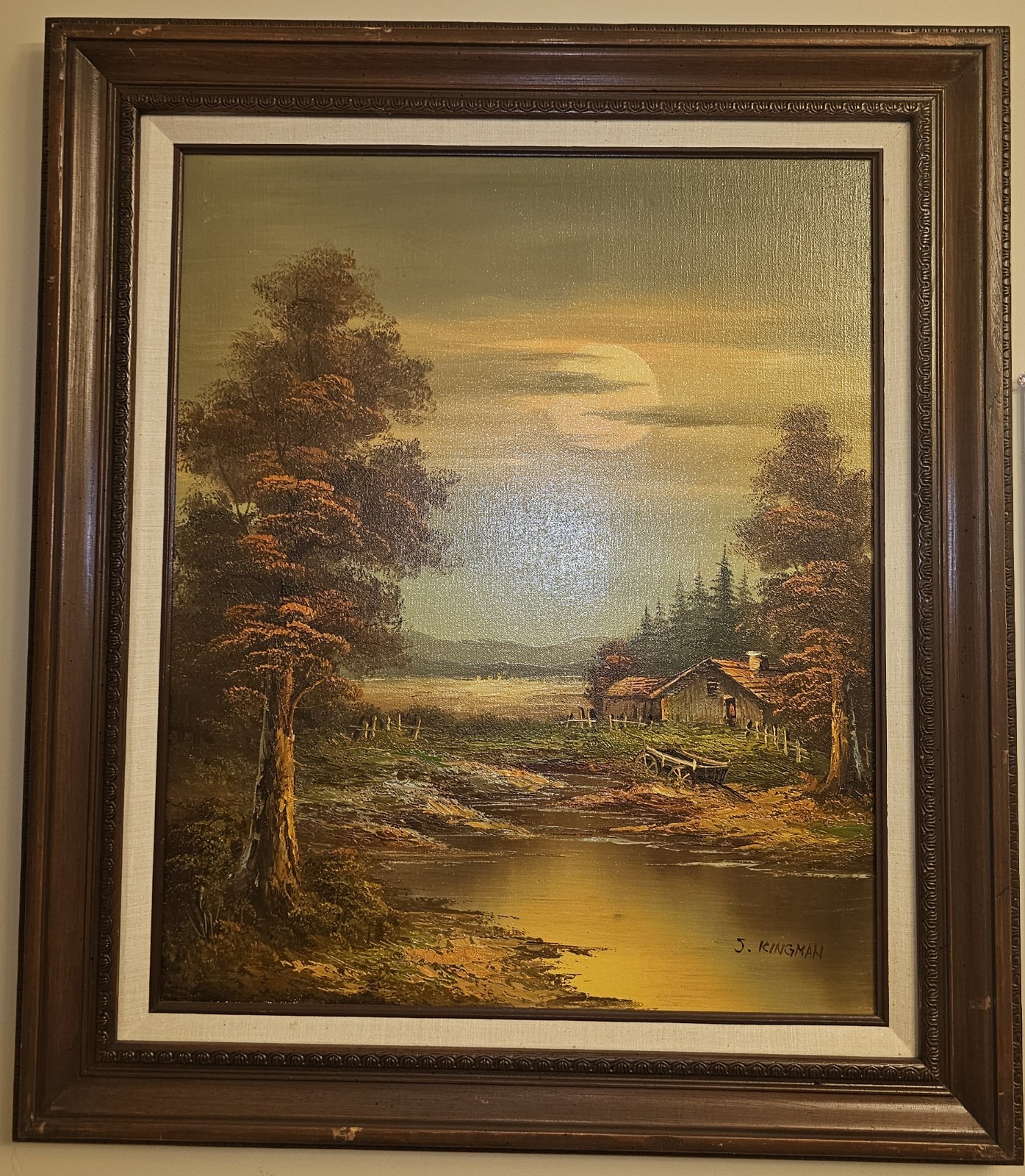 Evening At The Cabin By The Pond-Oil Painting-30×27.5″-Signed J Kingman