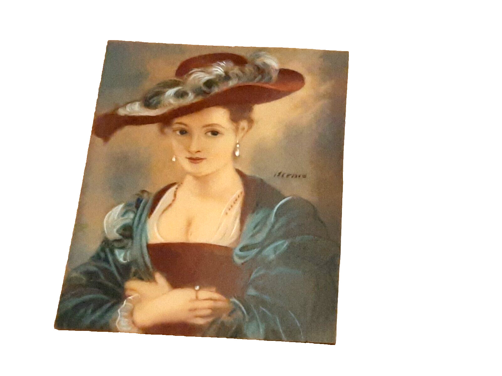 Miniature Hermo Signed Portrait French Lady Straw Hat, Peter Paul Rubens Style