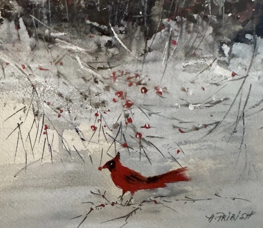 Cardinal Bird Winter Scene Original Watercolor Painting Sign Ann Pribish 19×15”