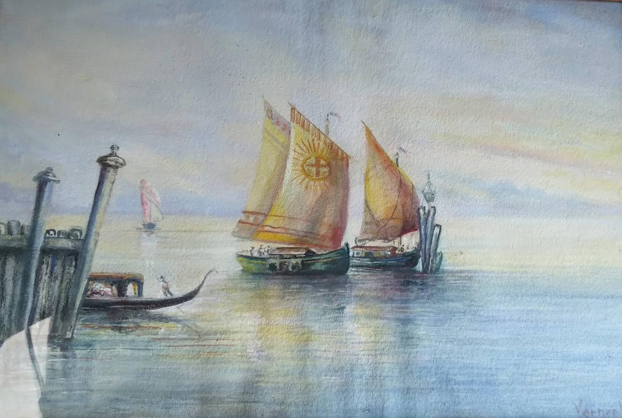 Antique Watercolor Painting Venice Italy Coastal Seascape Framed Signed Italian