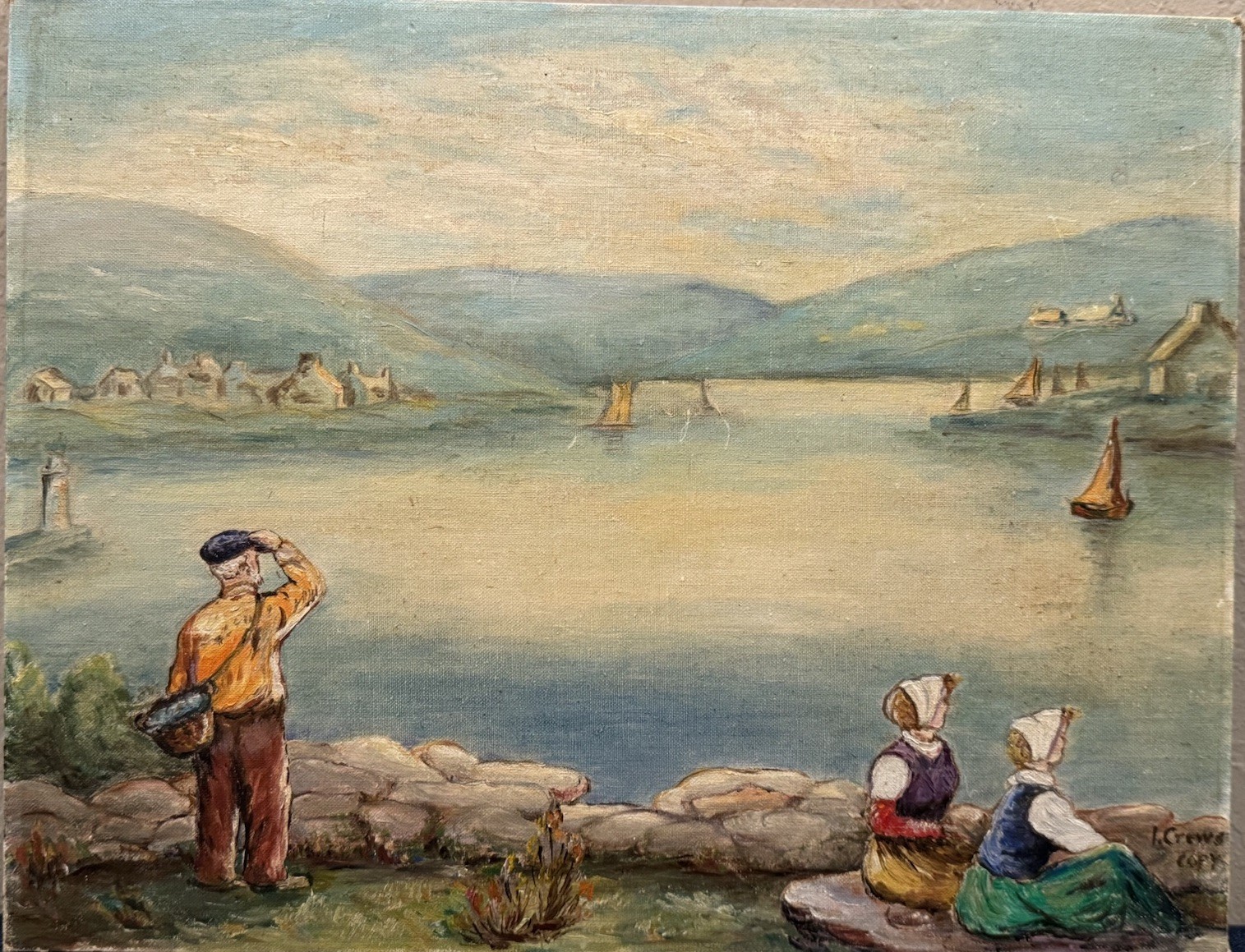 Vintage Midcentury Scandinavian Fjord Scene Oil Painting signed «Crews»