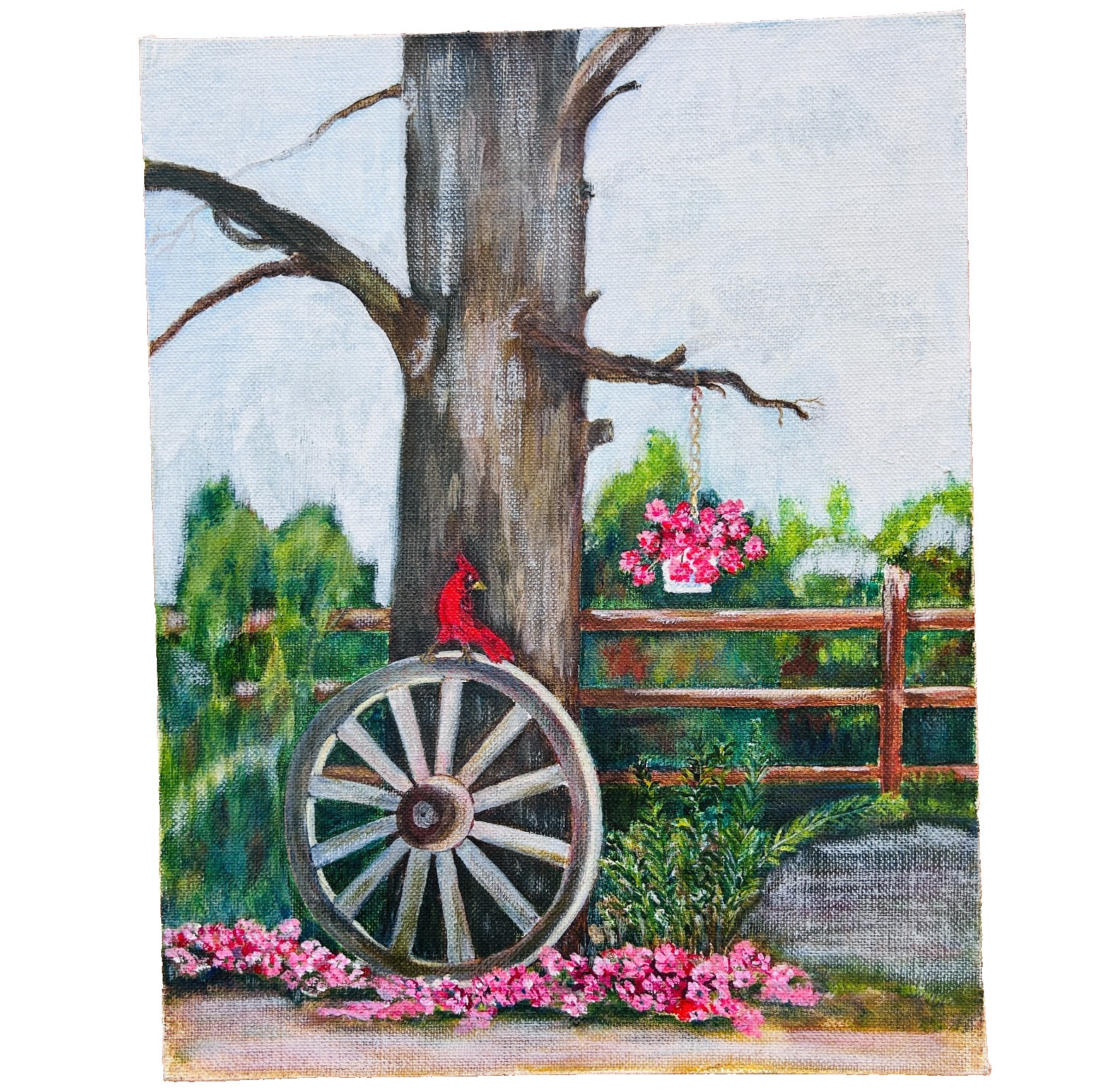 Original Painting on Board Cardinal on Wheel Tree Flowers Landscape Nature Art