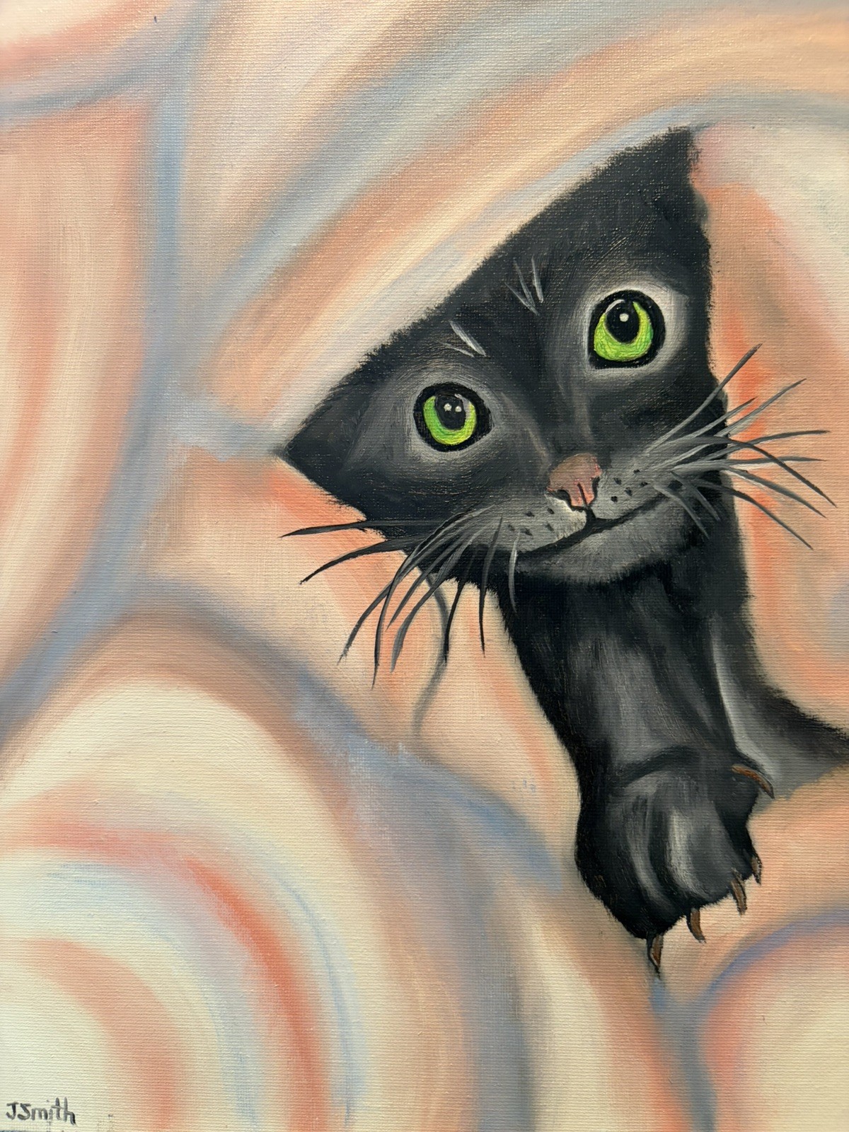 Original oil painting 11 x 14 inch black cat in blanket signed canvas- free ship
