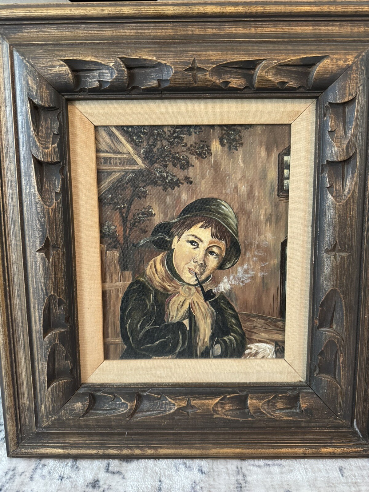 Vintage Gilt Wood Framed Oil on Canvas Smoking Pipe, Signed Man Cave