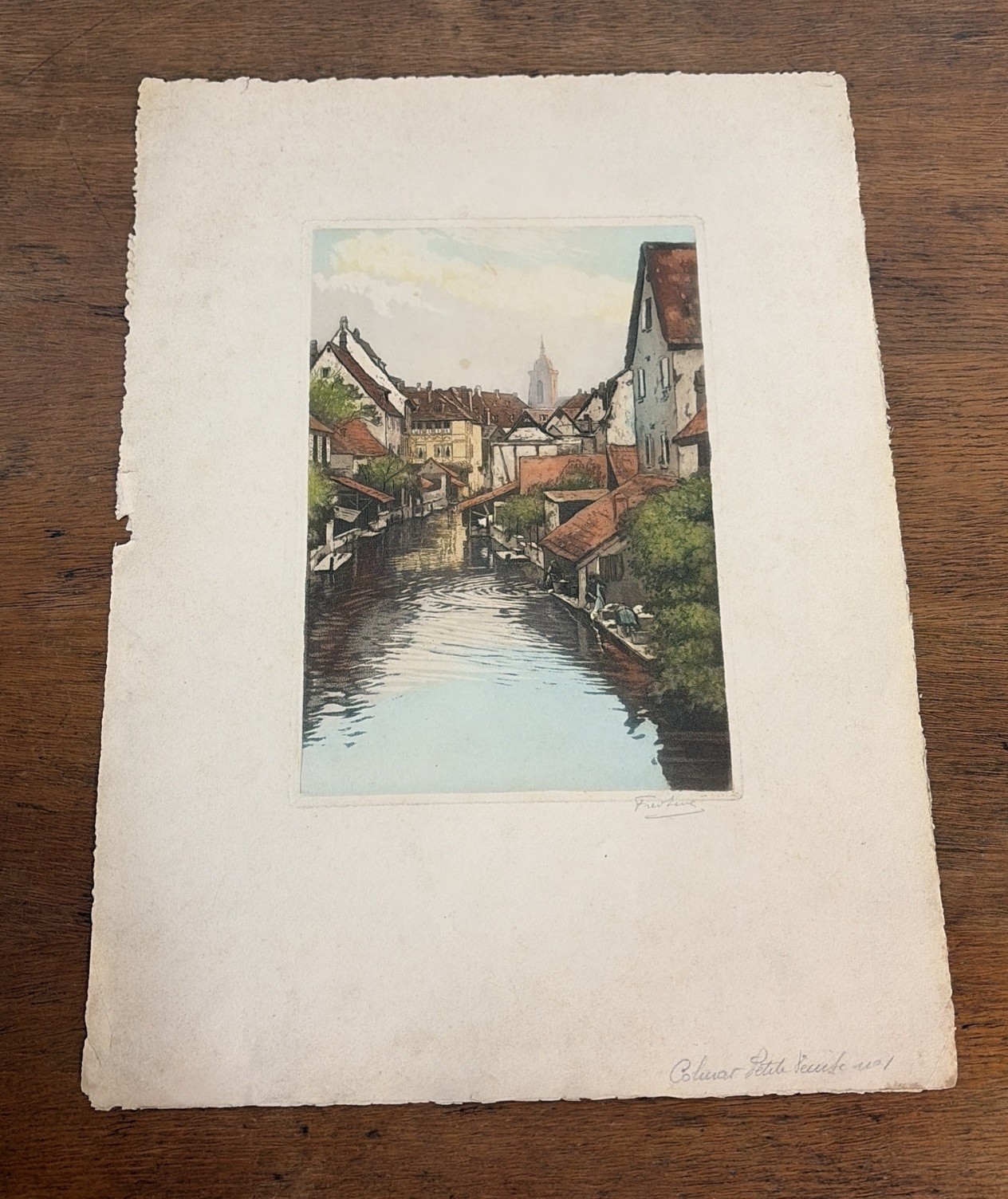 Hand-Colored Etching of Colmar Petite Venise France No. 1 by Frederic Louis Levé
