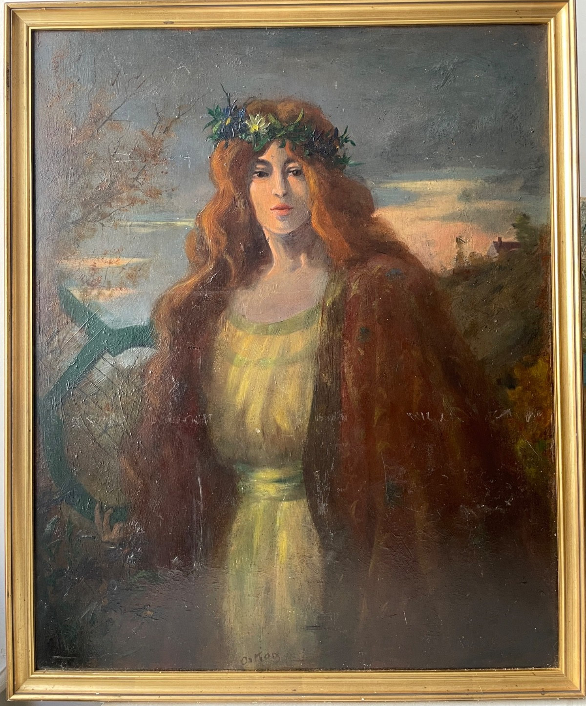 Allegory of Music – Oil Painting Signed – Young Woman with a Lyre in a Landscape