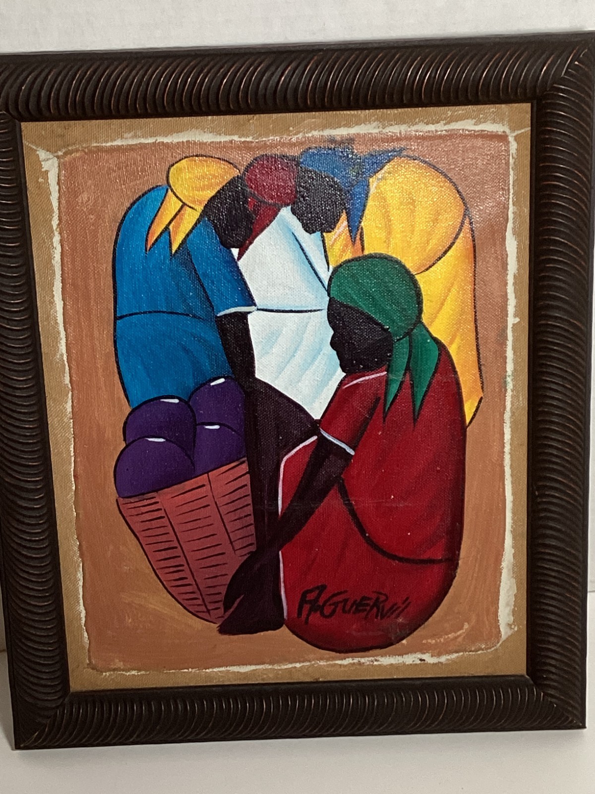 ANDRE GUERVIL Haitian Folk Art OIL PAINTING WOMEN & FRUIT 13 X 11″ FRAMED