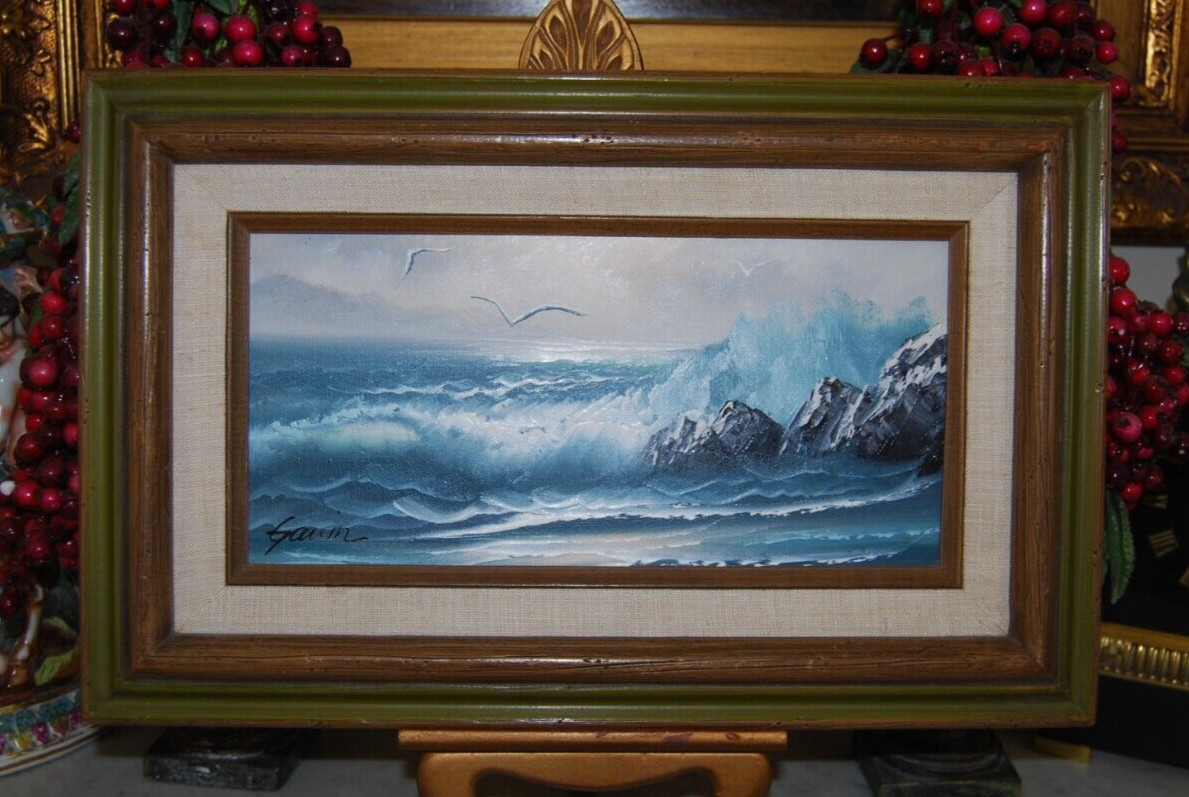 VINTAGE FRAMED ORIGINAL OIL FOAMY WAVES & SEAGULLS MOODY SEASCAPE ARTIST: GAVIN