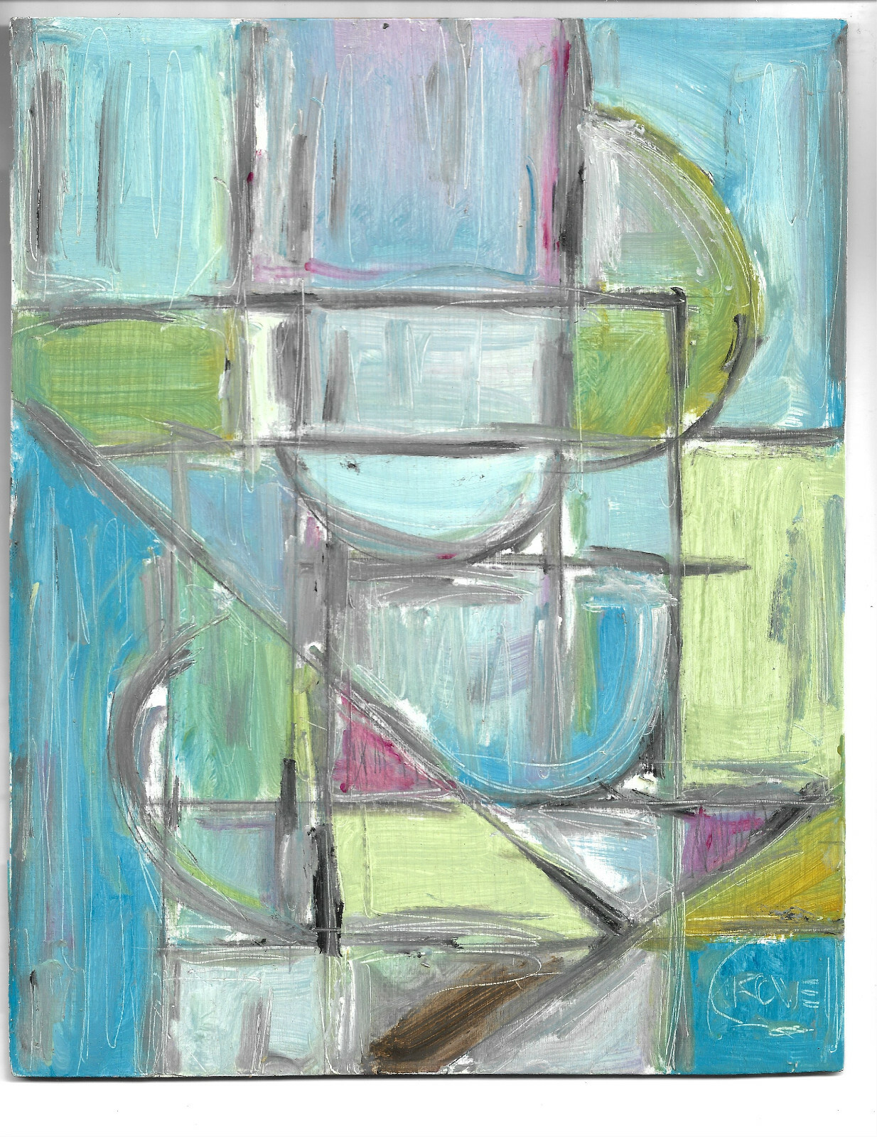 FIRST IN LINE AGAIN 8×10 wood abstract original oil painting signed Crowell