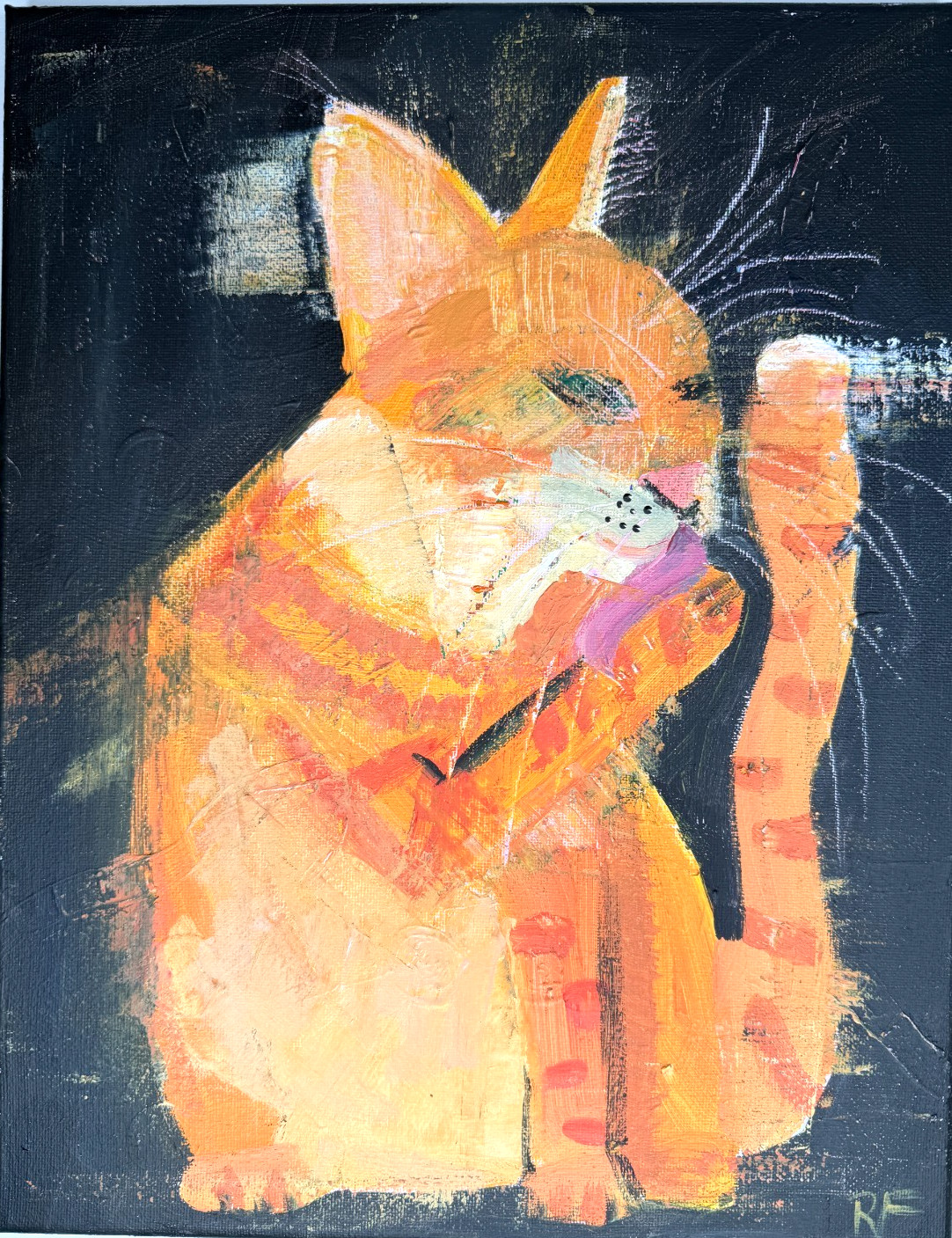 Orange Cat Painting Original Canvas 11×14 “Midnight Marmalade” Licking Paw