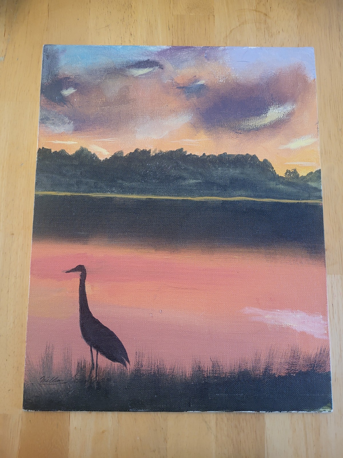 Original Bird Sunset Lake oil Painting on Canvas 12×14 Inches