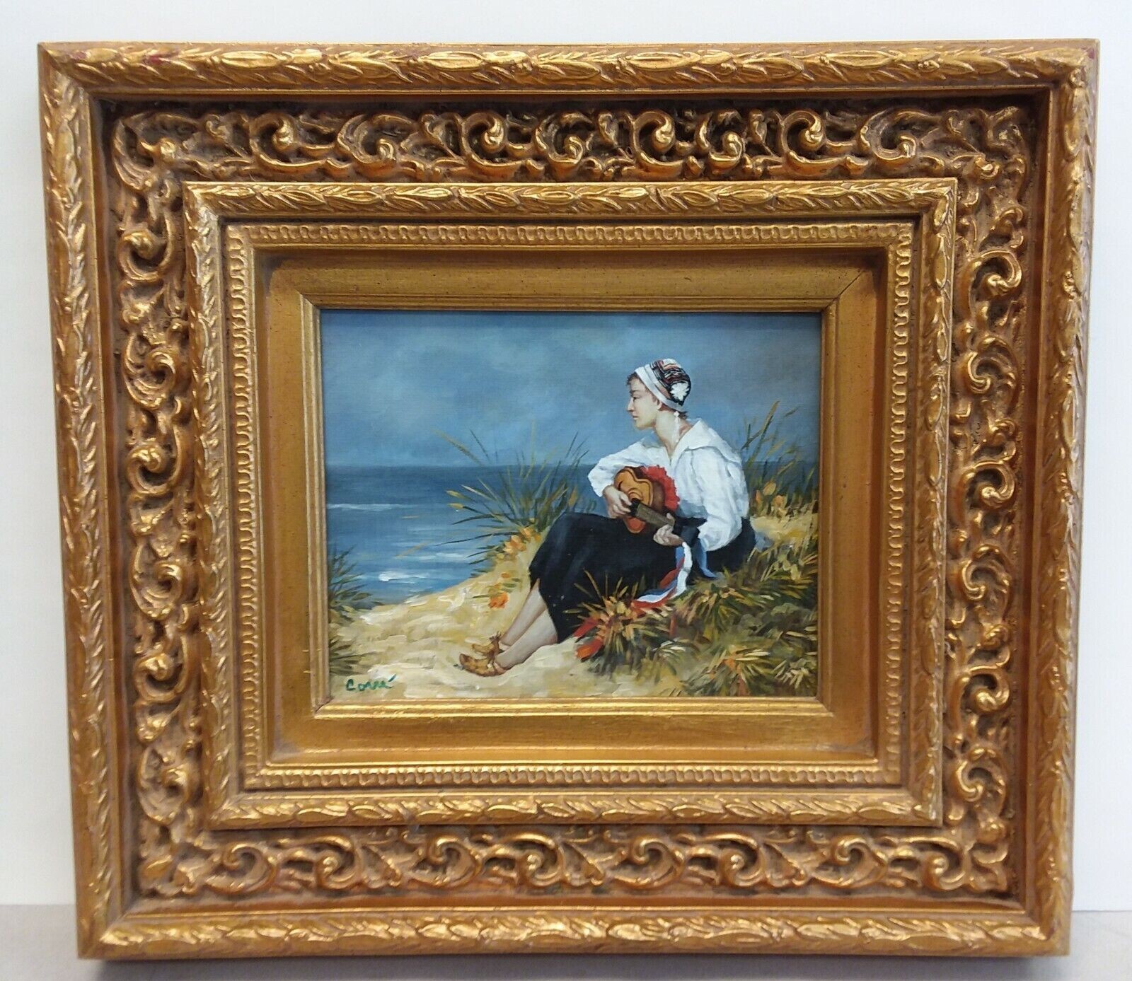 GIRL PLAYING GUITAR ON BEACH Oil Painting SEASCAPE in Ornate Frame SIGNED