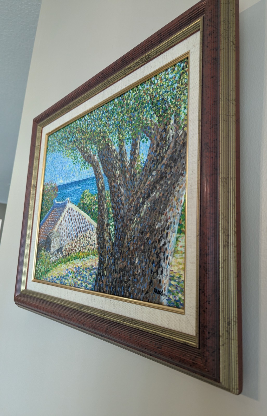 Original Signed Pointillist Okinawa Japan Coastal Landscape Oil Painting Cottage