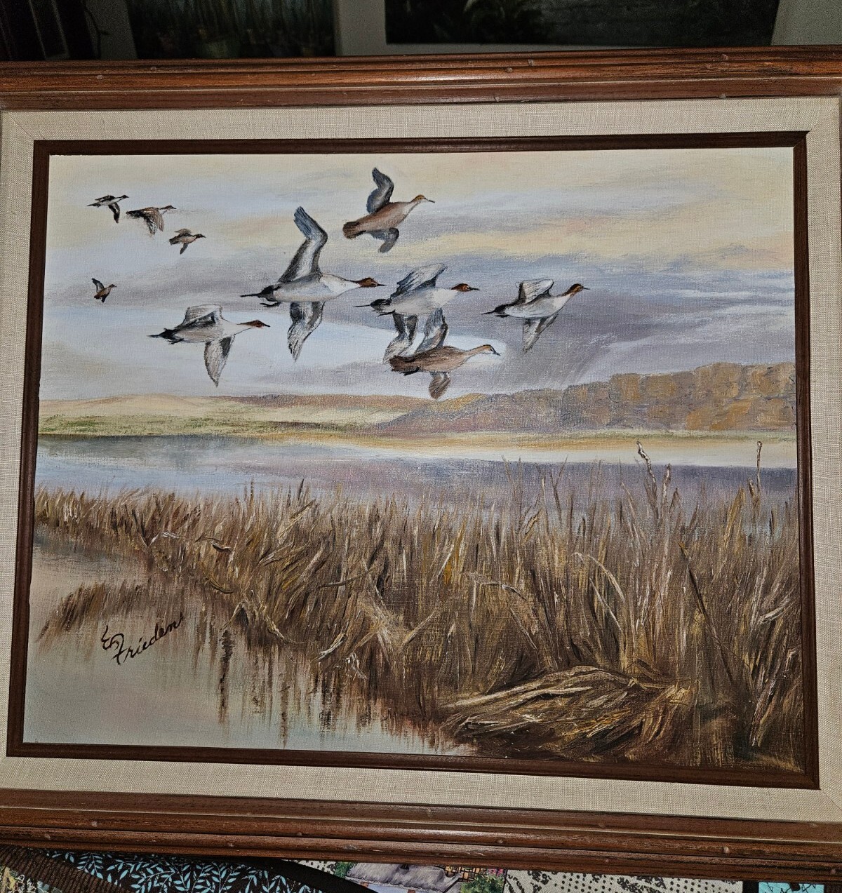 Orig Vtg 1982 Art On Canvas Board Framed Pintail Ducks Eileen Frieden 21″ X 25″