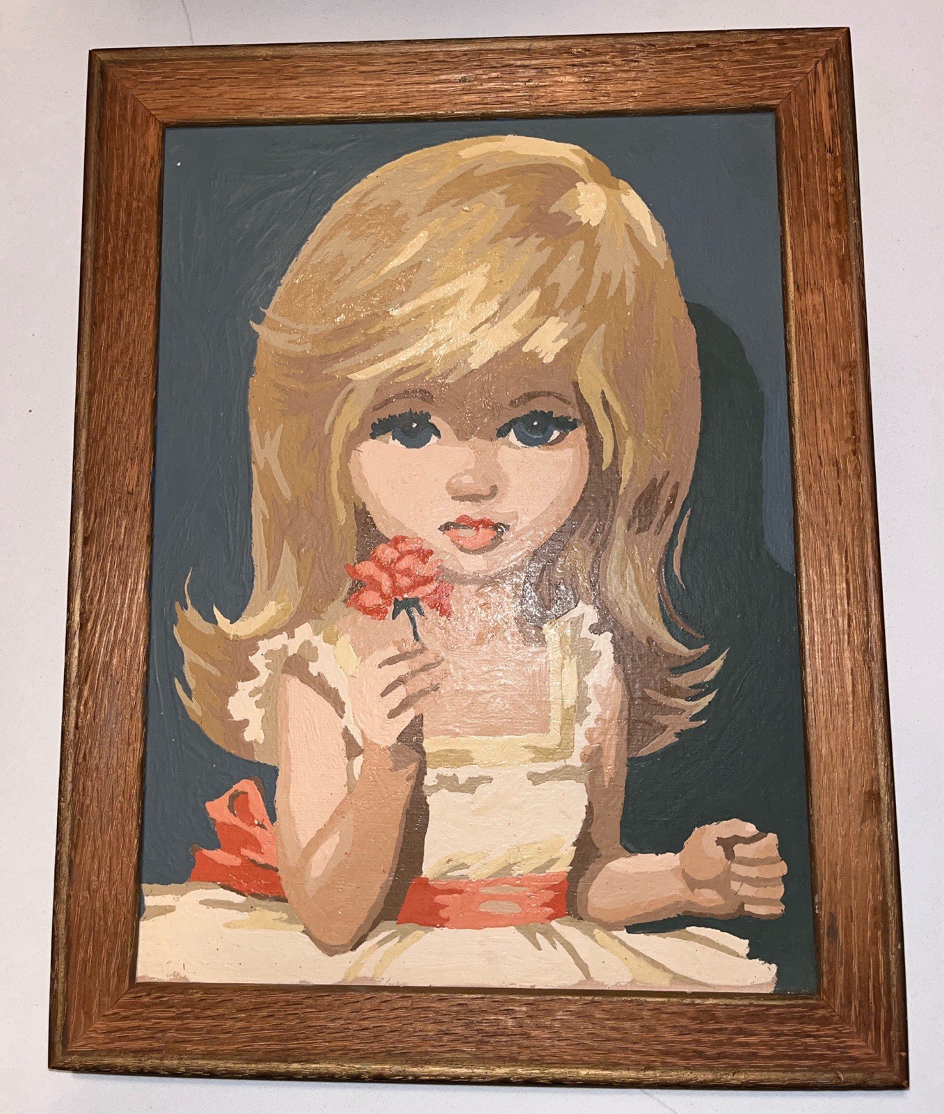 Vintage Framed Big Eyes Blue Eye Mod Girl Art Oil Paint By Numbers Flowers