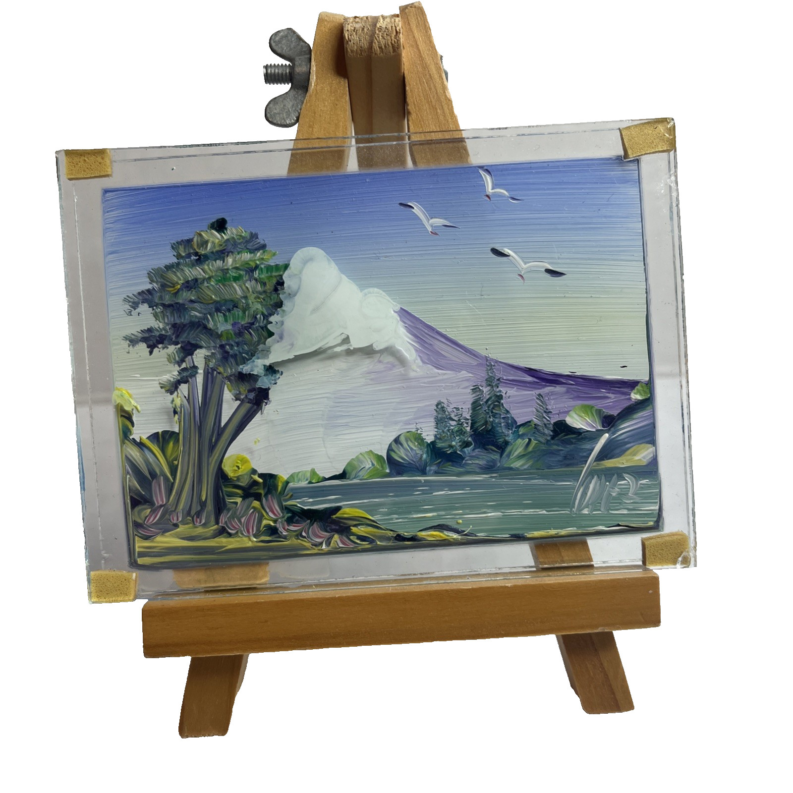 Mini Original Acrylic Painting Landscape On Glass Nice France Purple Green Stand