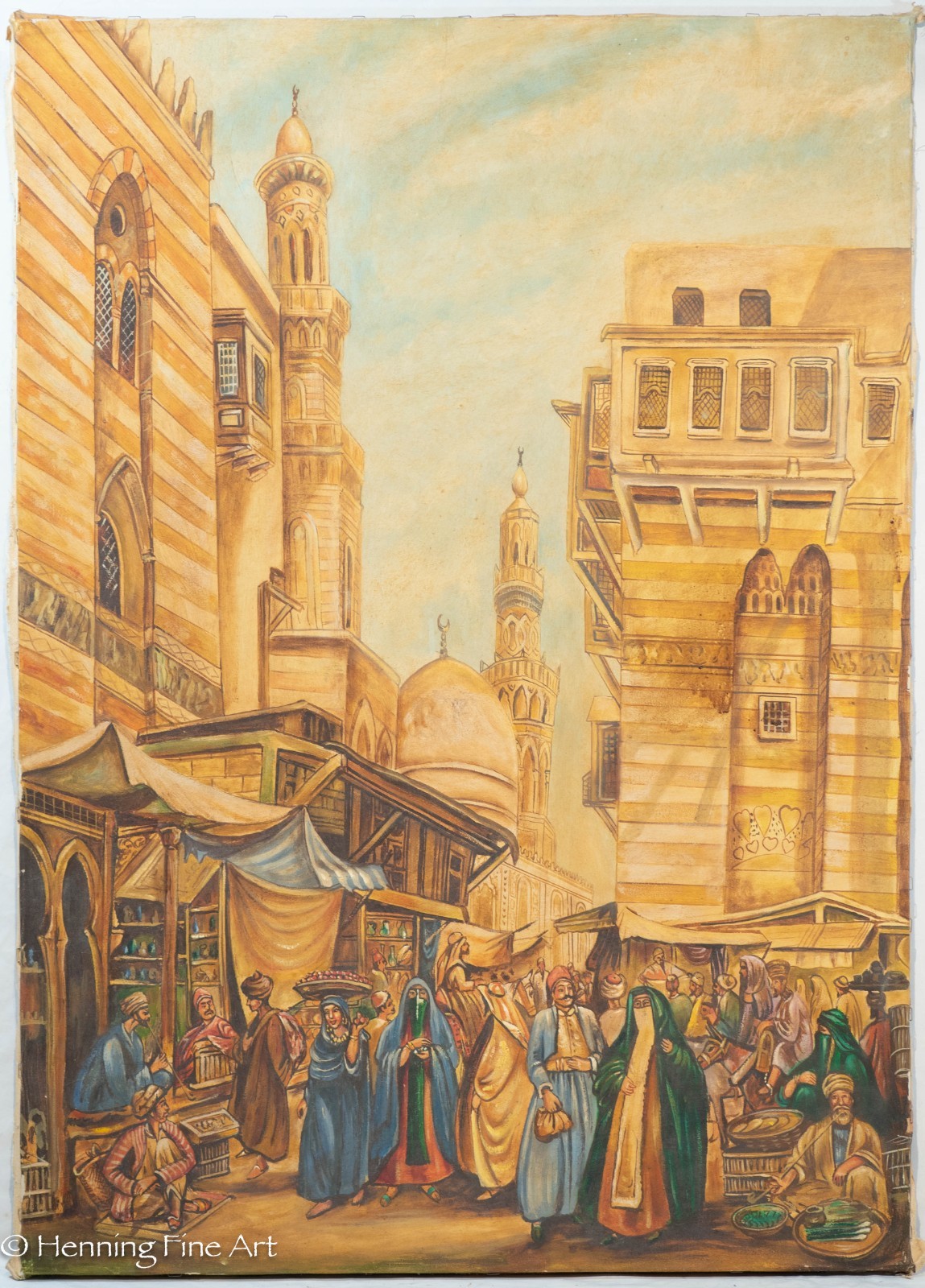 Vintage Oil Painting Market Day Old Cairo Egypt 1862 aft Amadeo Preziosi 38×27″