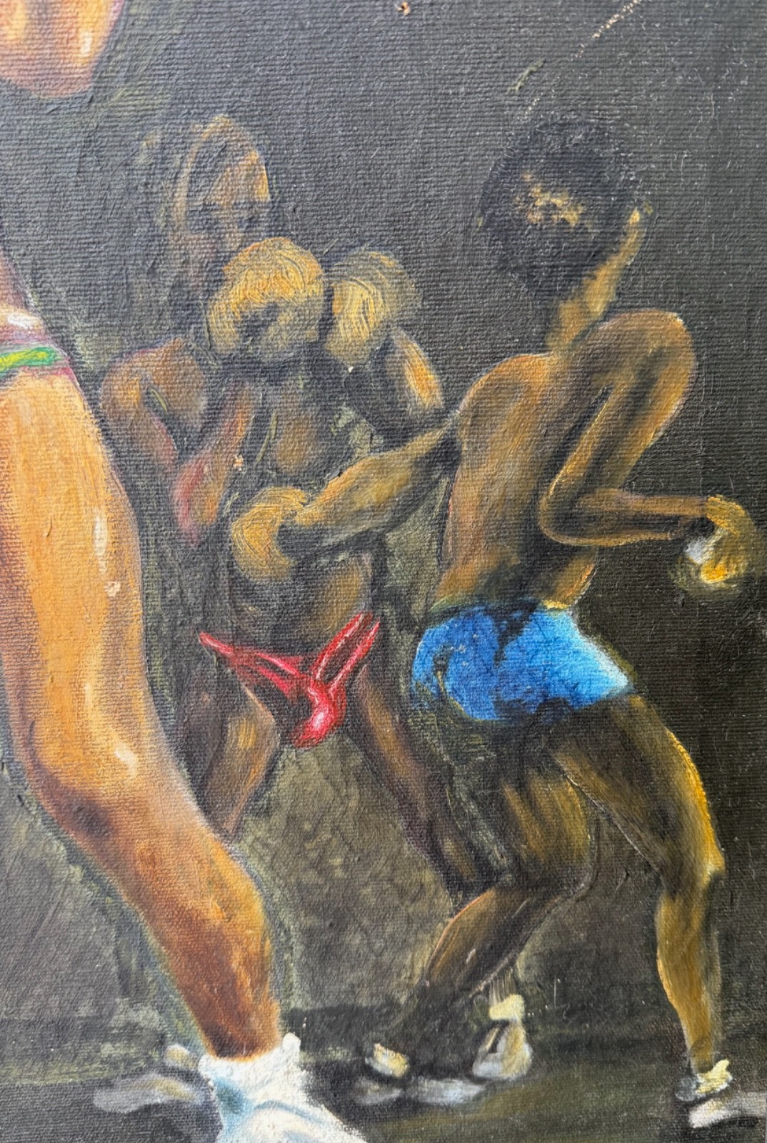 Vintage Framed Boxing Boxers Figural Painting Modern Art Wall Hanging Sports