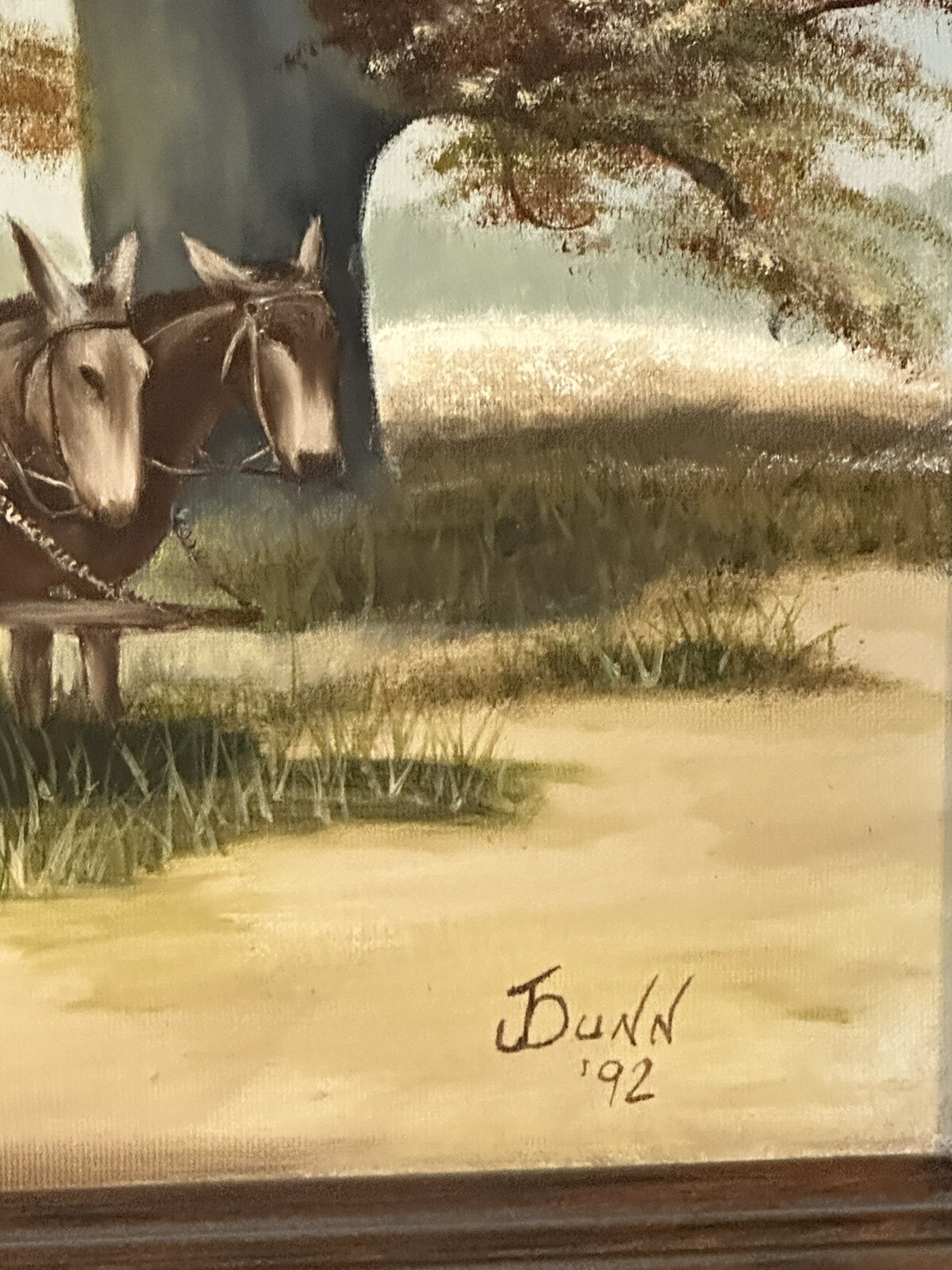 Original painting By J. Dunn Cotton Farm Donkey Wagon People Working 21.5×17.4”