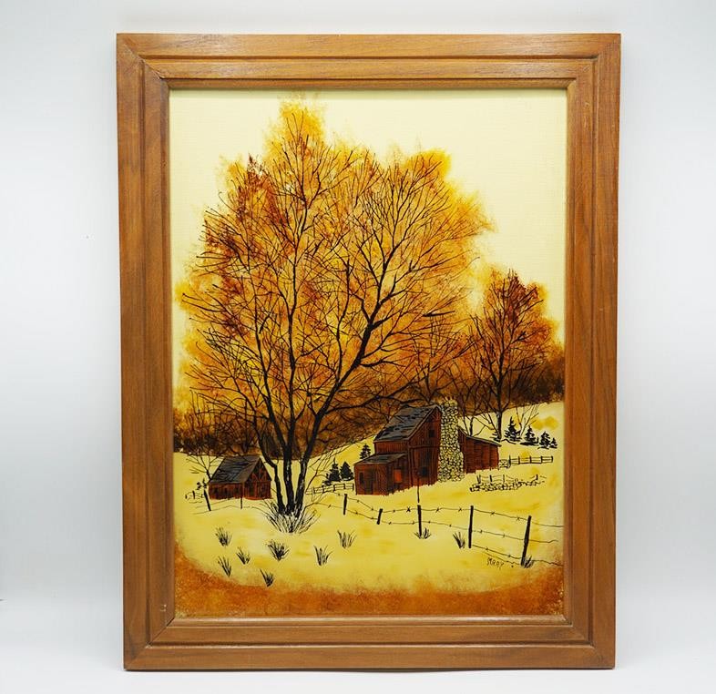 Reverse Painting Glass Framed Pastoral Farm Country Scene