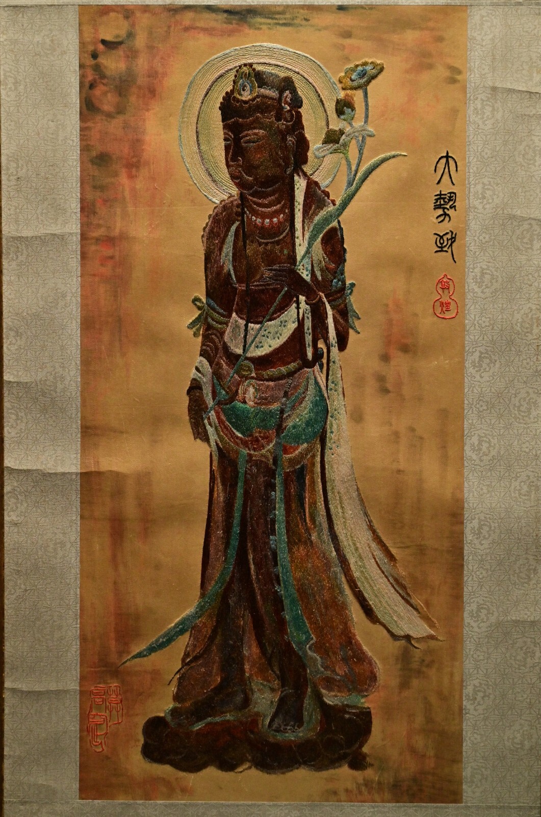 Chinese Antique Original Vintage Signed Asian Buddha Silk Scroll Brush Painting