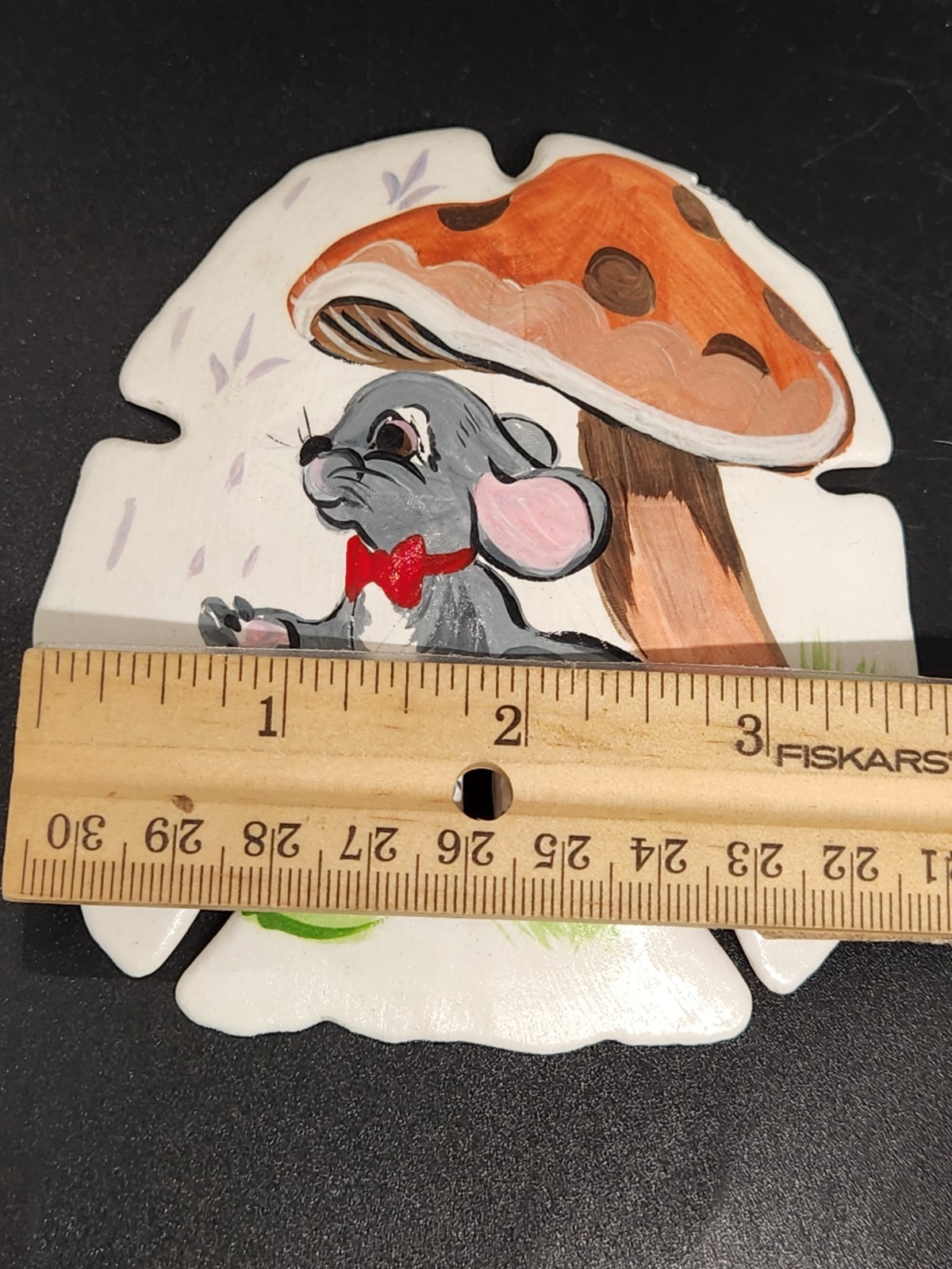 Hand Painted Mushrooms and Mouse with Red Bow Tie on Sand Dollar Signed