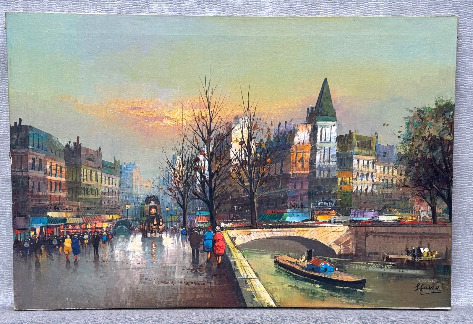 L FARZO SIGNED ILLEGIBLE PARIS FRANCE OIL PAINTING RIVER SEINE FIGURES STREET