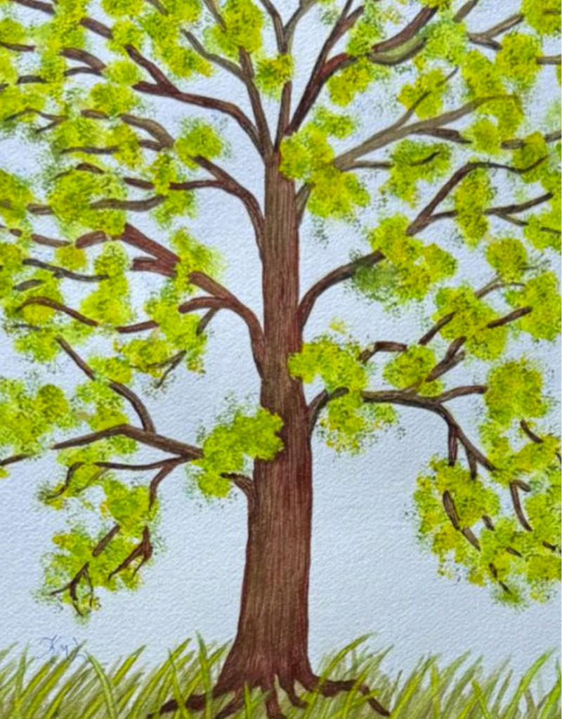 PAINTING WATERCOLOR TREE LANDSCAPE GREEN YELLOW SPRING 11X14 MAT 16X20 ORIGINAL