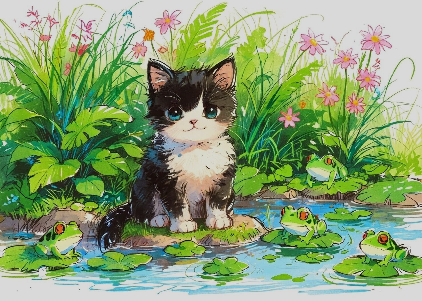 ACEO Mini *Art Print* Tuxedo Cat Baby Kitten Pond Garden Flowers Frogs -Saulite