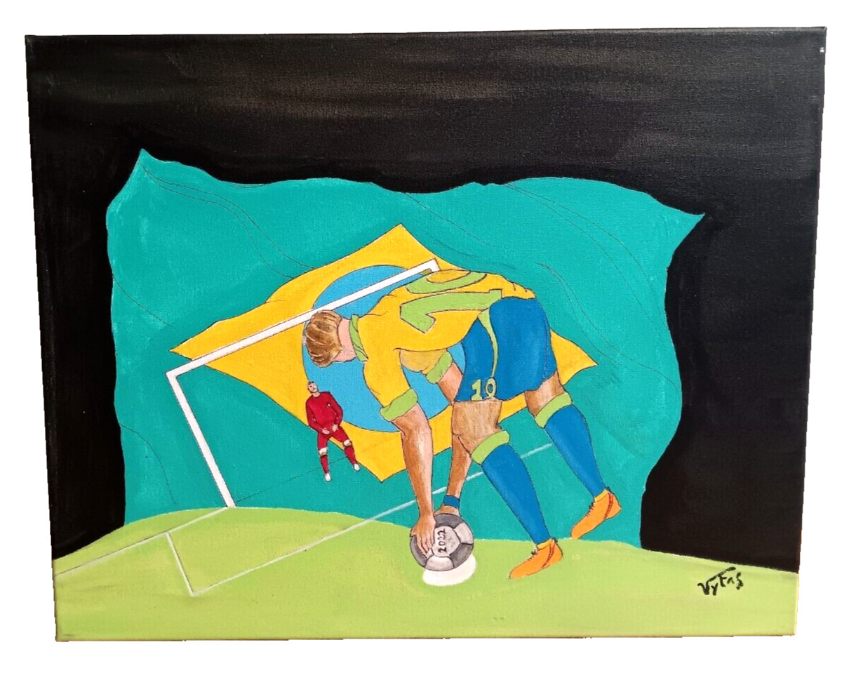 Brazil Soccer Original Acrylic Painting Canvas Art Signed Vytas Football 20×16