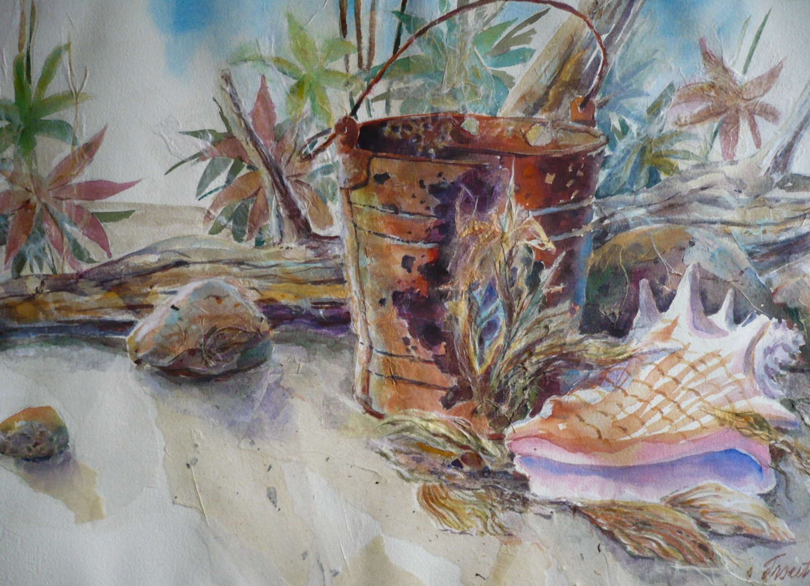 SIGNED TROUT, VINTAGE IMPRESSIONIST WATERCOLOR SHELL AND BUCKET TROPICAL BEACH