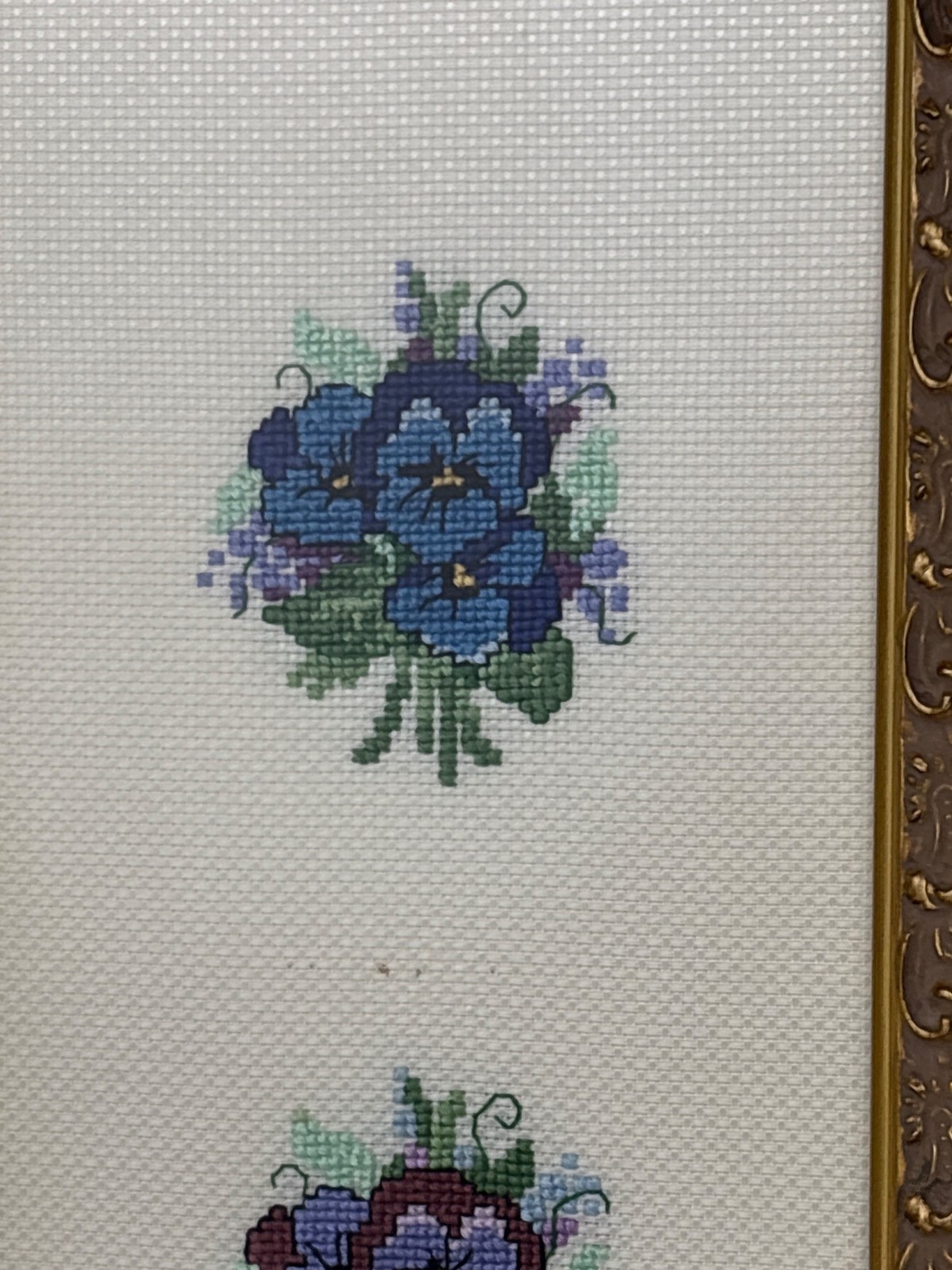 Floral Cross-Stitch Wall Art Gold Ornate Frame Trio of Pansy Flowers 14×6 Framed