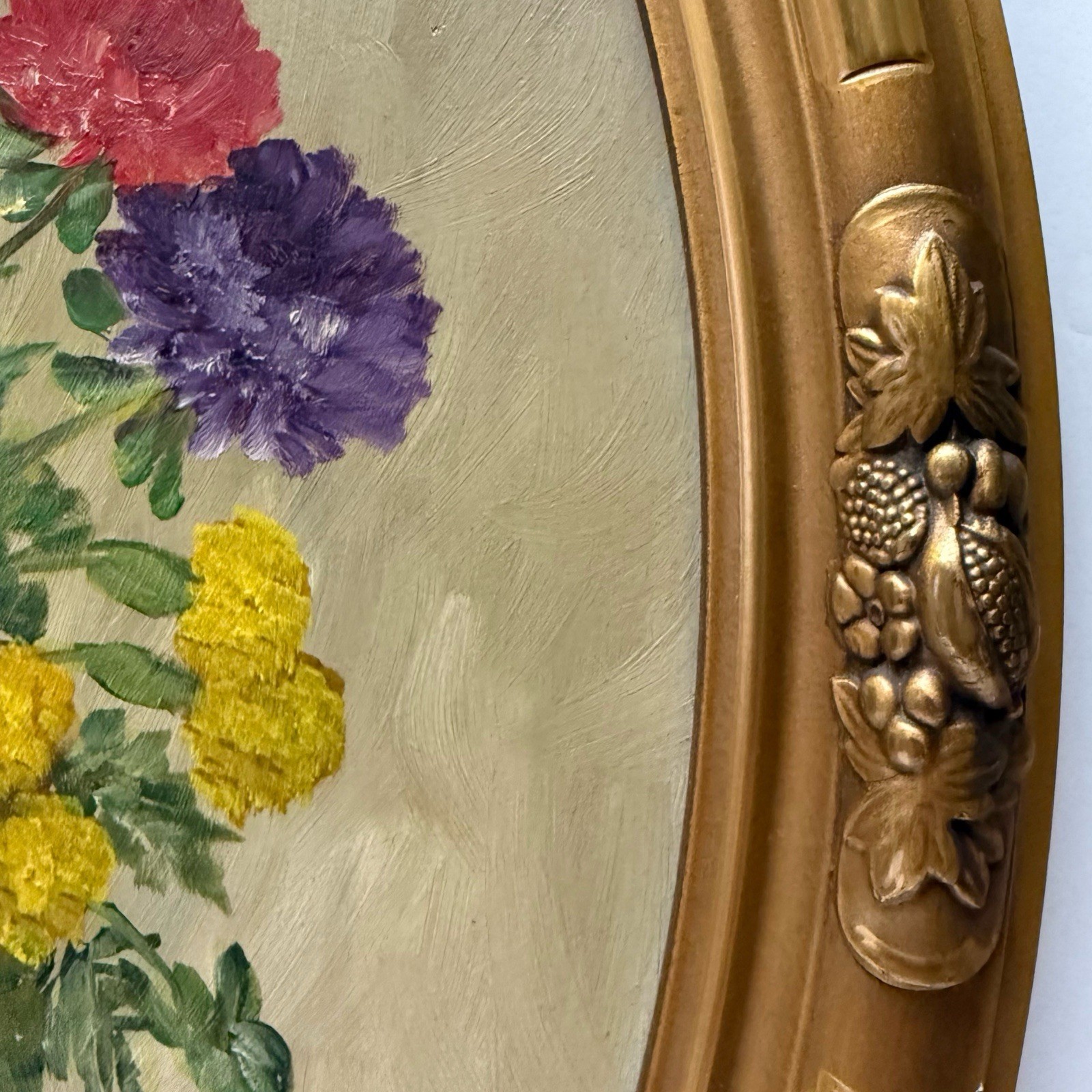 Vintage Original Signed Still Life Flowers in Vase Painting Gilt Oval Framed 22”