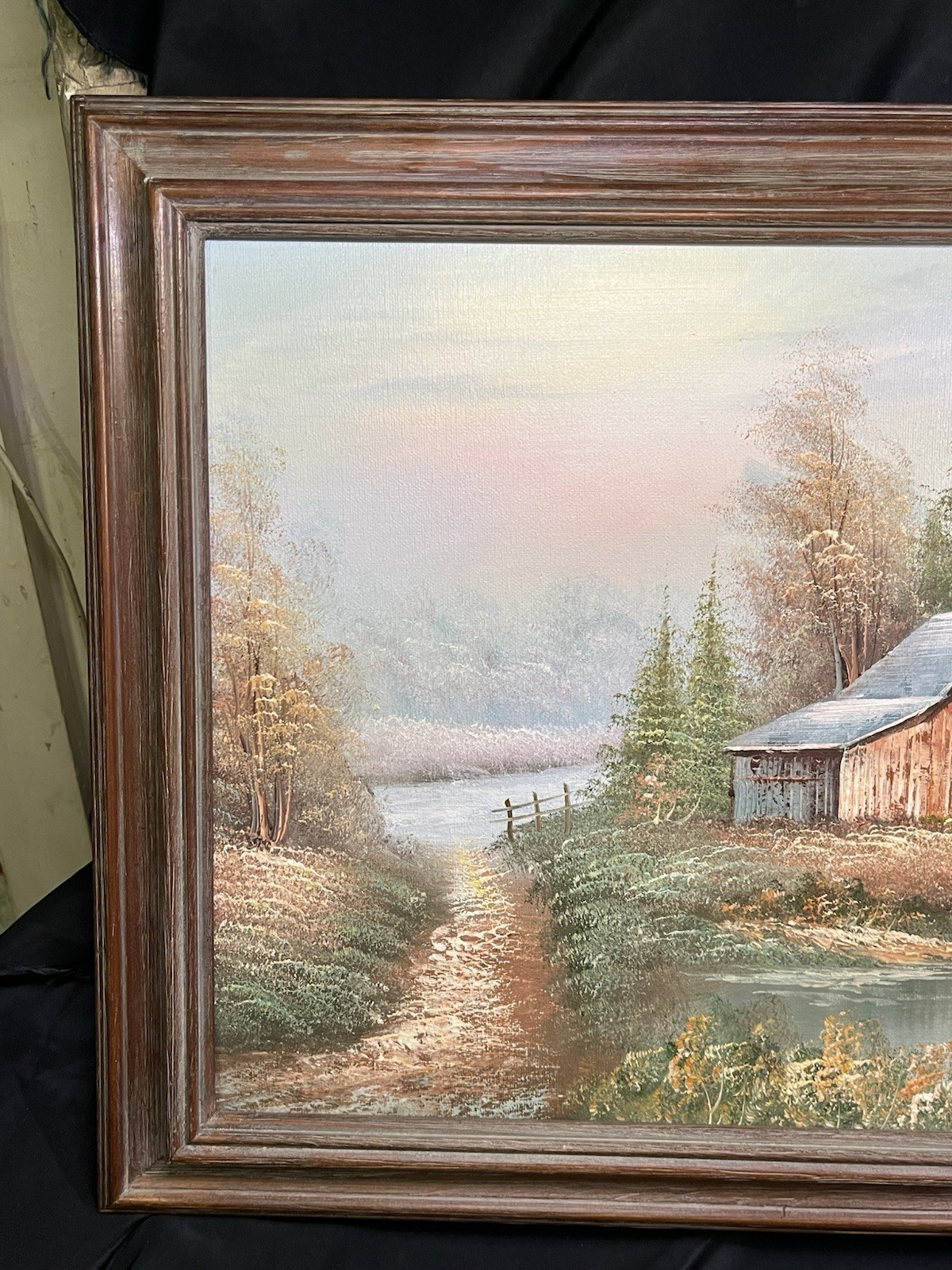 VINTAGE ORGINAL OIL ON CANVIS RUSTIC BARN ON WATER SCENE FRAMED 12 X 16” SIGNED