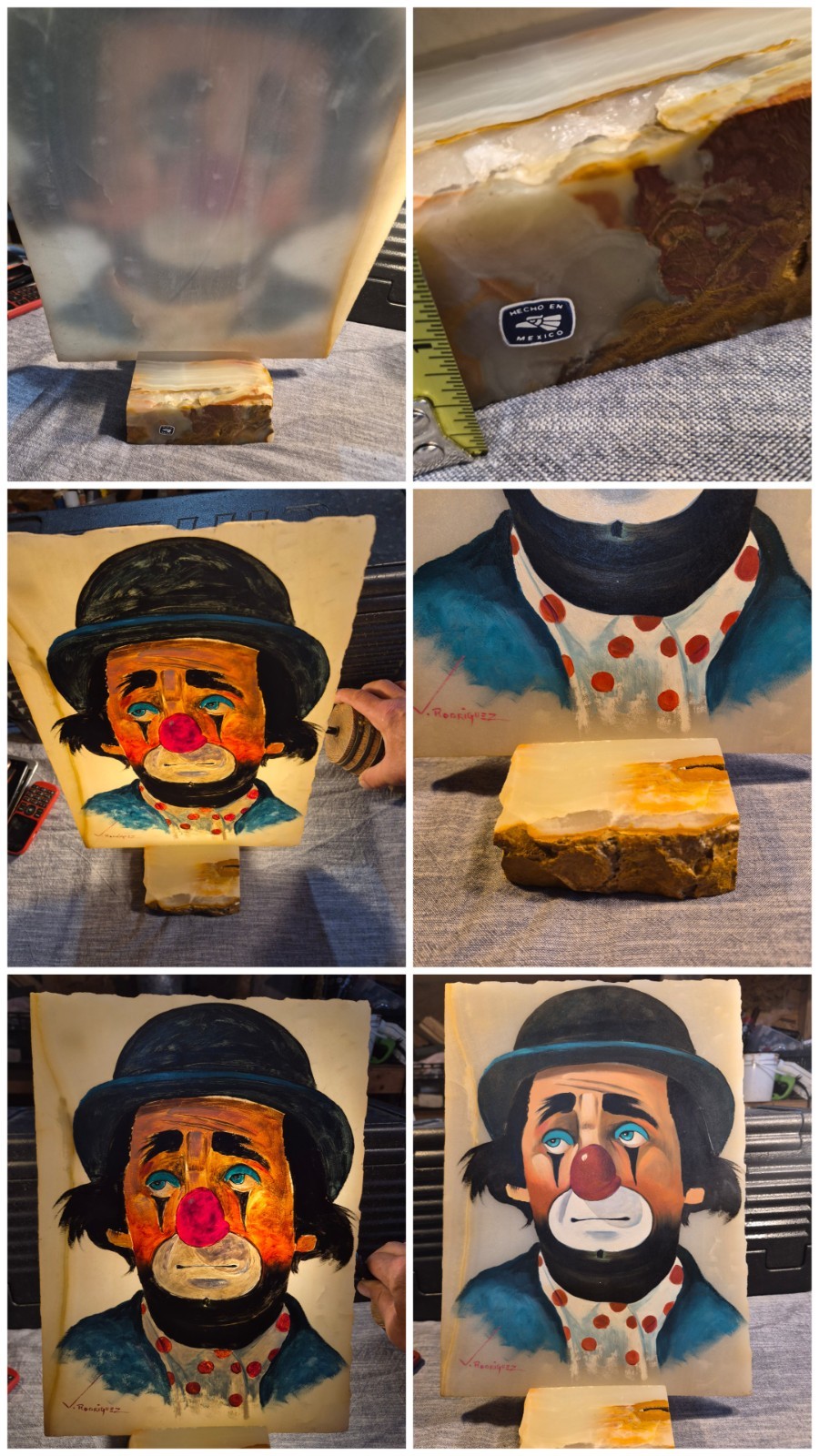 Vintage 14″ Mexican Onyx Stone Clown Painting Signed V Rodriguez Mid Century 70s