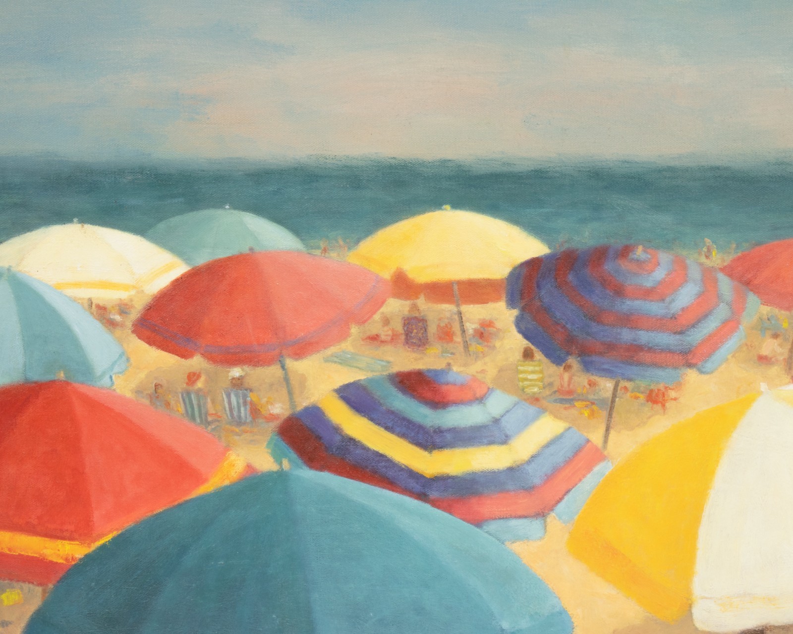 Vintage Impressionist Beach Scene «Umbrellas» Oil Painting by Helen Carmichael