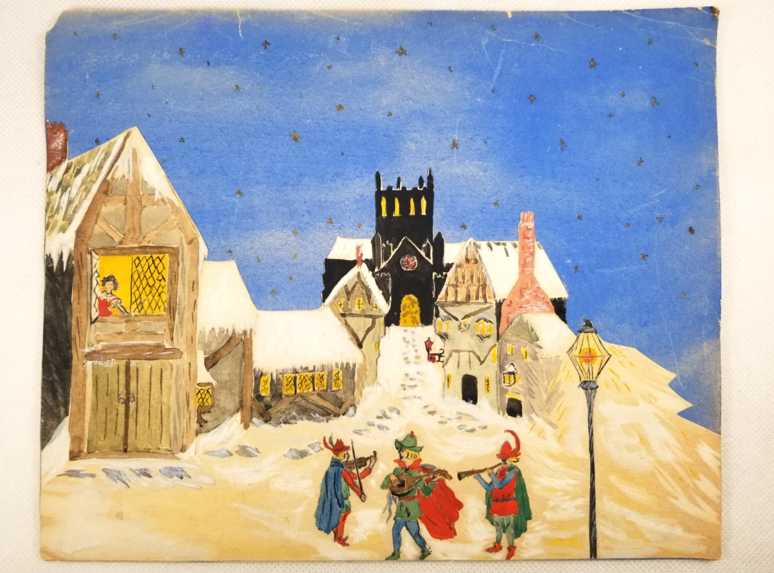 American Folk Art Watercolor Painting Cityscape w/ Figures in Medieval clothes
