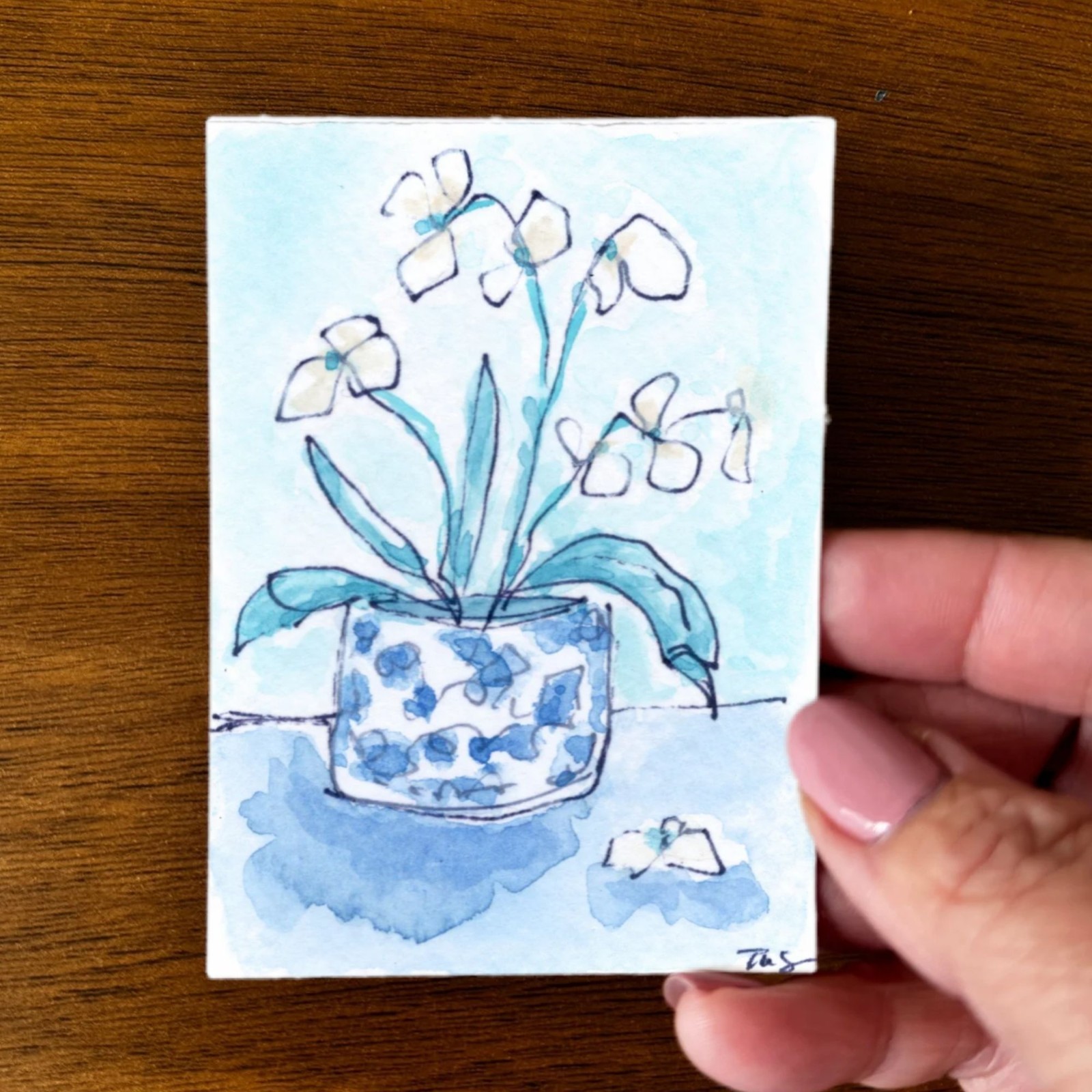 ACEO PRINT Blue and White Orchids Still Life Watercolor Art Signed Tanya Watson
