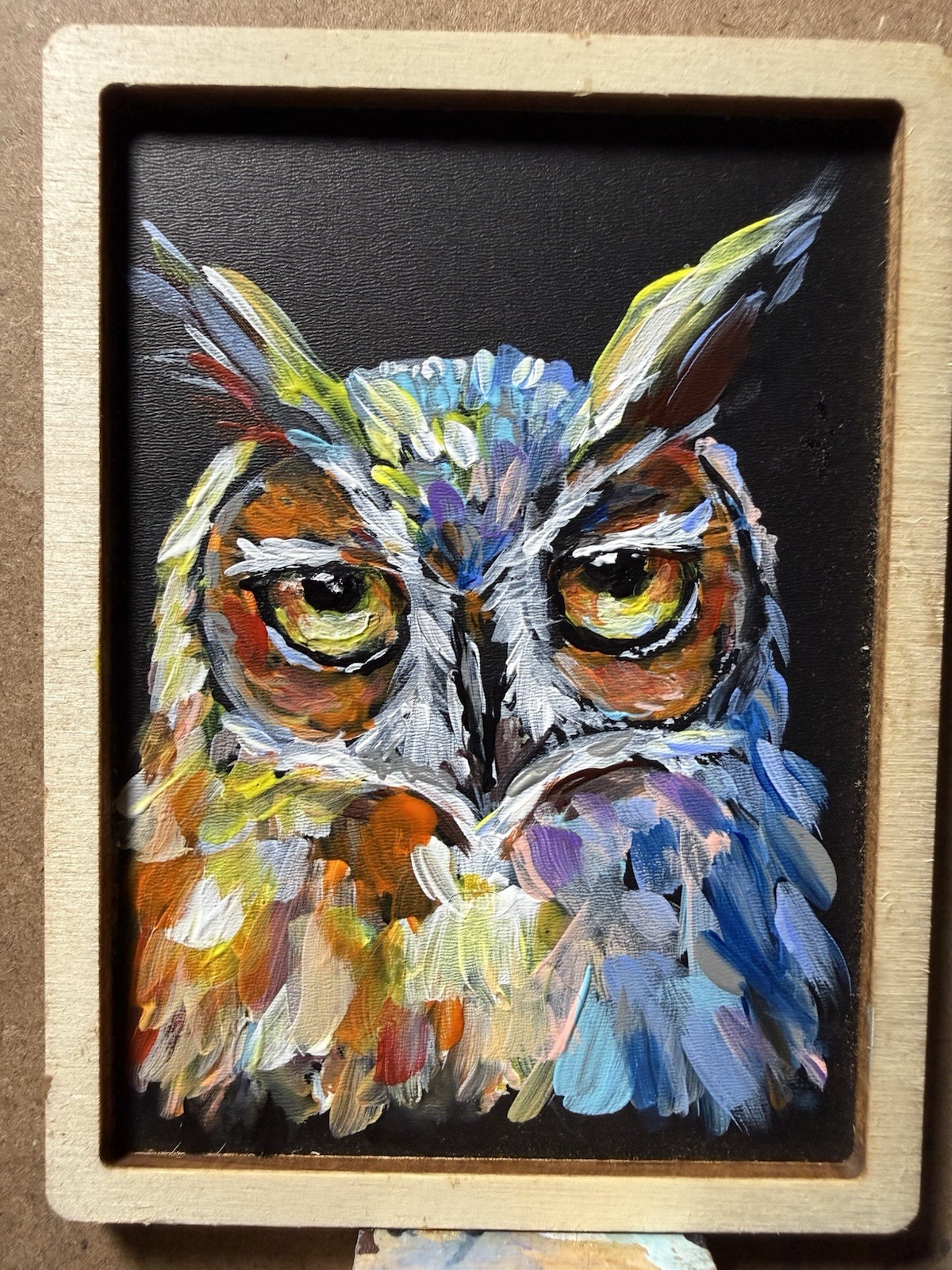 Contemporary Owl Painting, Framed Small Single Piece Animal Art