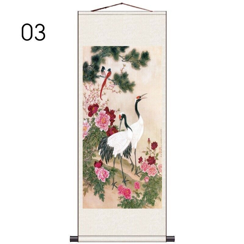1PC Asian Silk Scroll Painting Crane Feng Shui Wall Hanging Artwork Framed