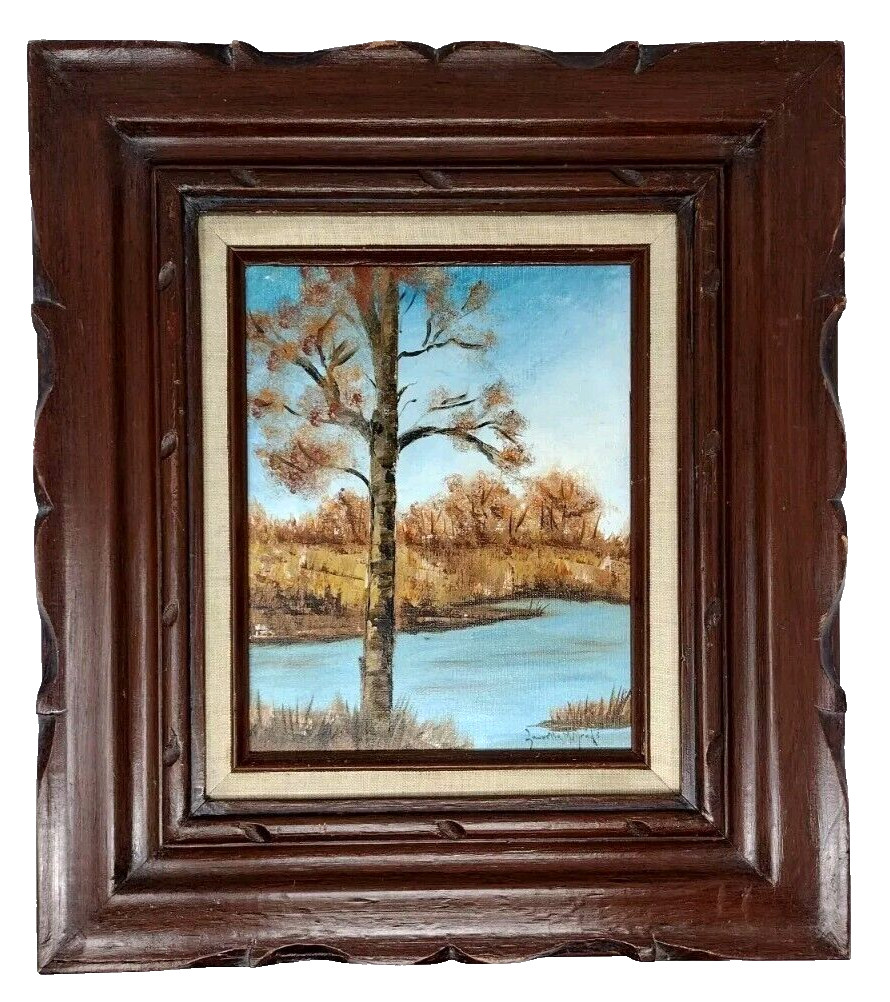 Vintage Oil Painting Lake Autumn Fall Tree Rustic Landscape Framed Signed 17×15