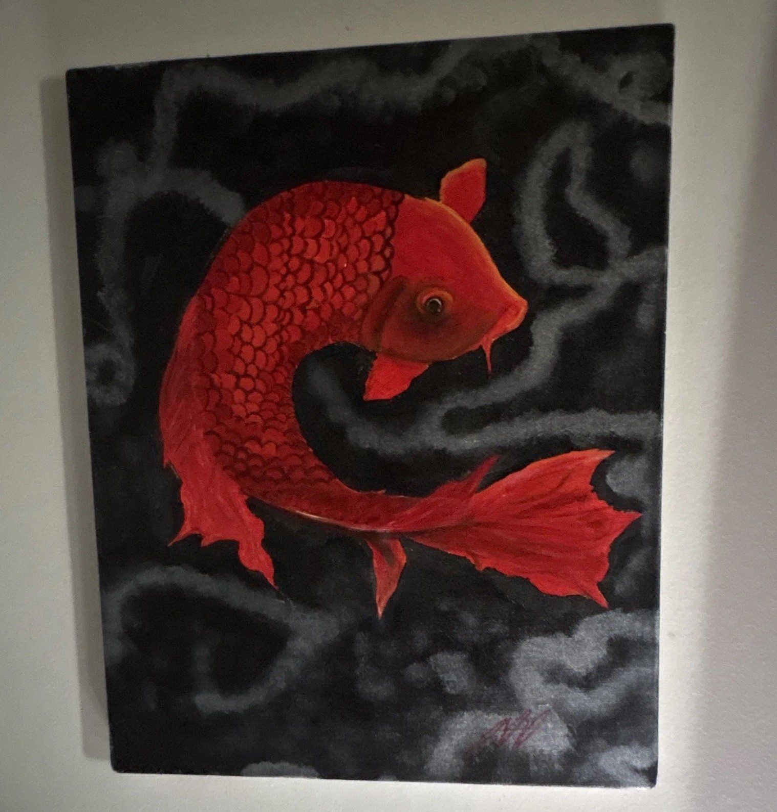 Original Realism Red Fish Canvas Painting Signed Unframed Single Piece