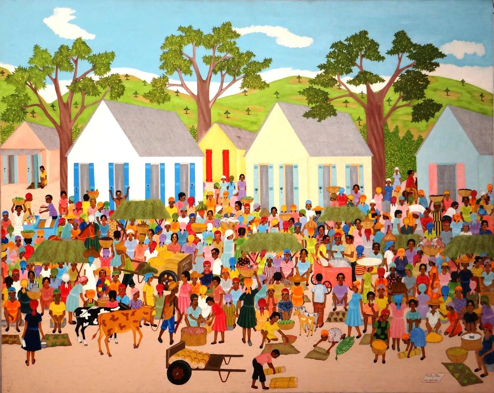 Vintage Haitian Master Oil on Canvas «The Marketplace» Sully Obin 1980s REPRINT