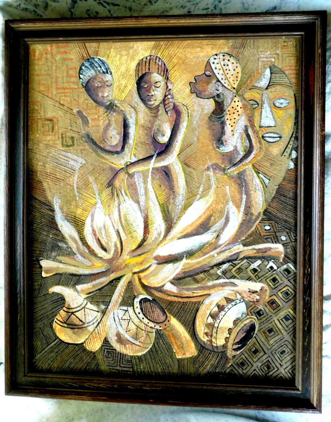 WELL LISTED AFRICAN MICHEL HENGO (1942-2019) VERY FINE ORIGINAL OIL PAINTING