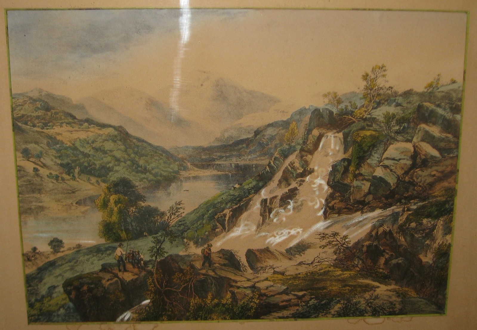Radiant Glowing Waterfall Landscape with Fishermen 14″ x 19″ Watercolor Unsigned